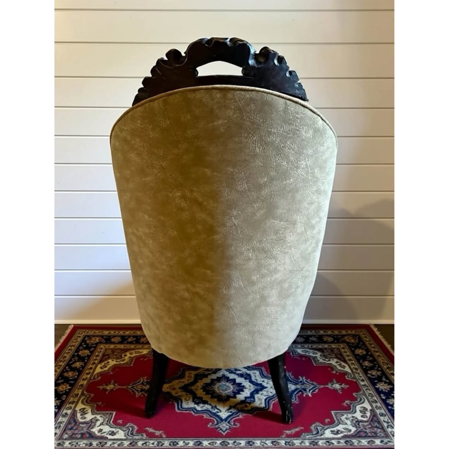Antique 19th century Victorian chair with carved wood & original casters newly re- upholstered