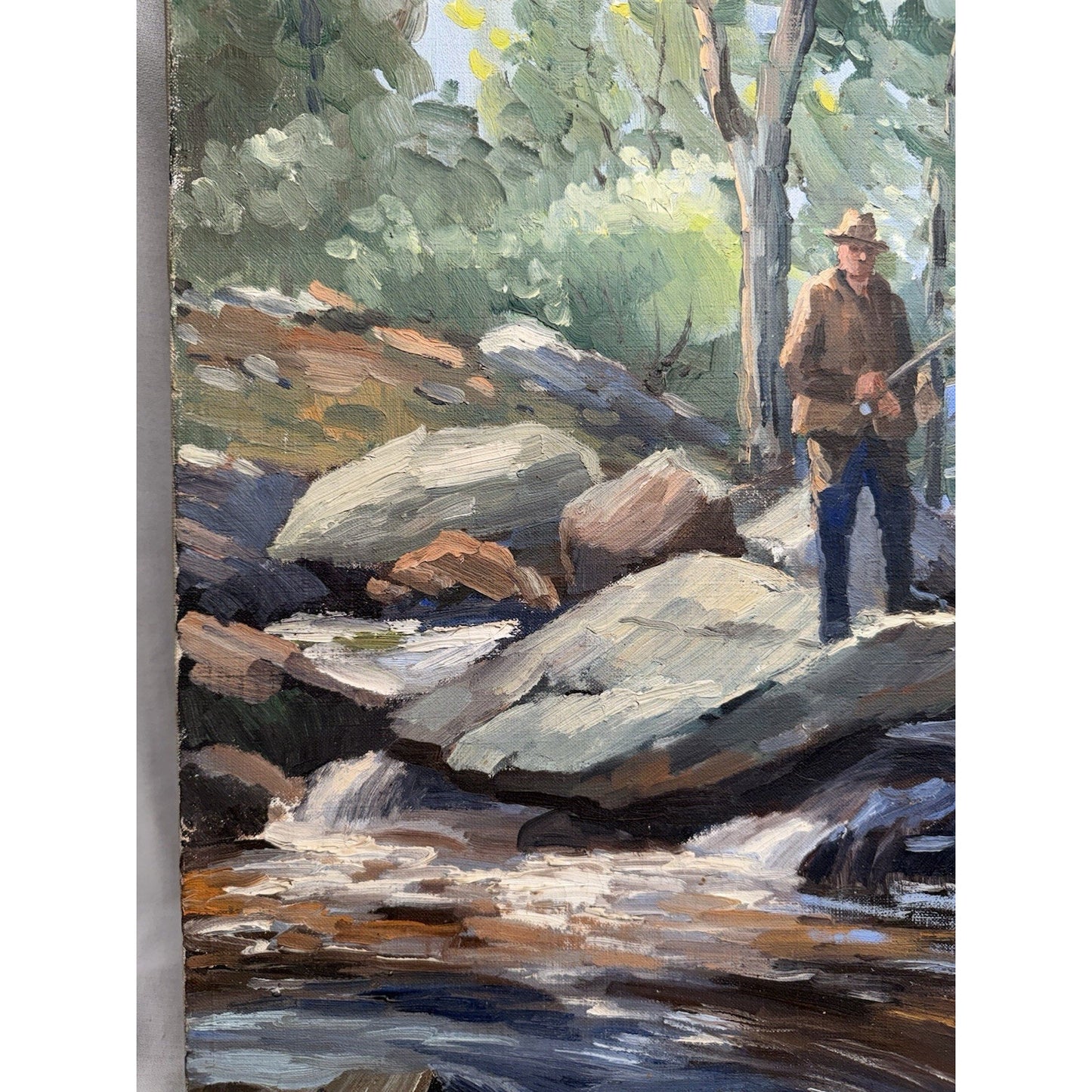 Charles Gordon Harris Painting Man Fishing New England River 30” X 25” Vintage