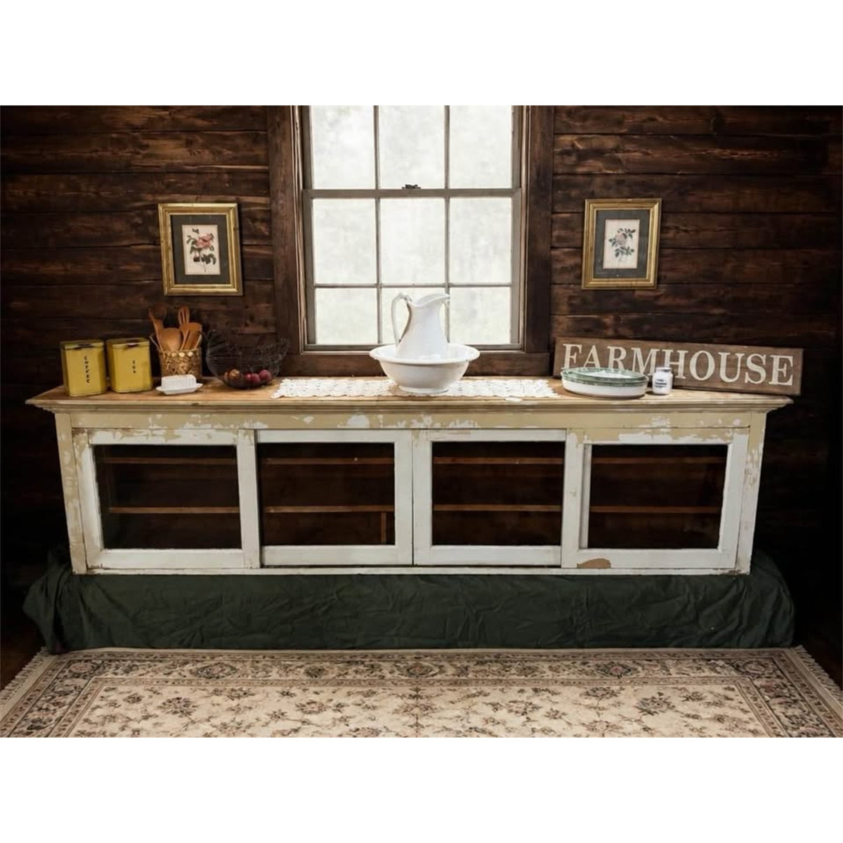 Unique architectural salvage display cabinet w/sliding glass doors/sideboard from late 1800’s