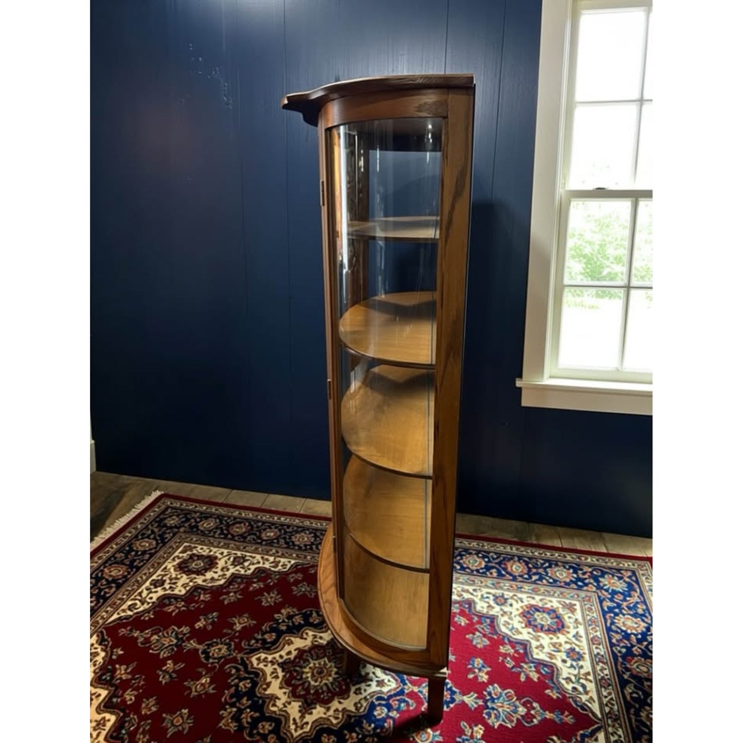 Vintage half moon glass and oak curio cabinet/display cabinet