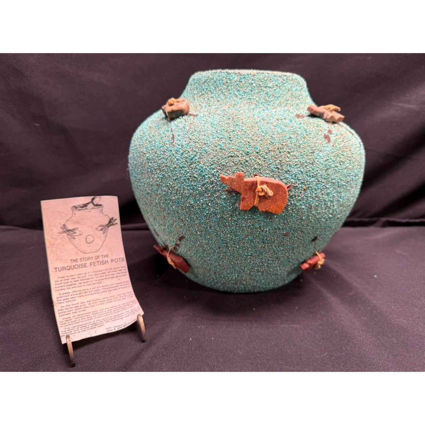Vintage zuni large fetish pot/jar crushed turquoise 8.5" tall signed by artist