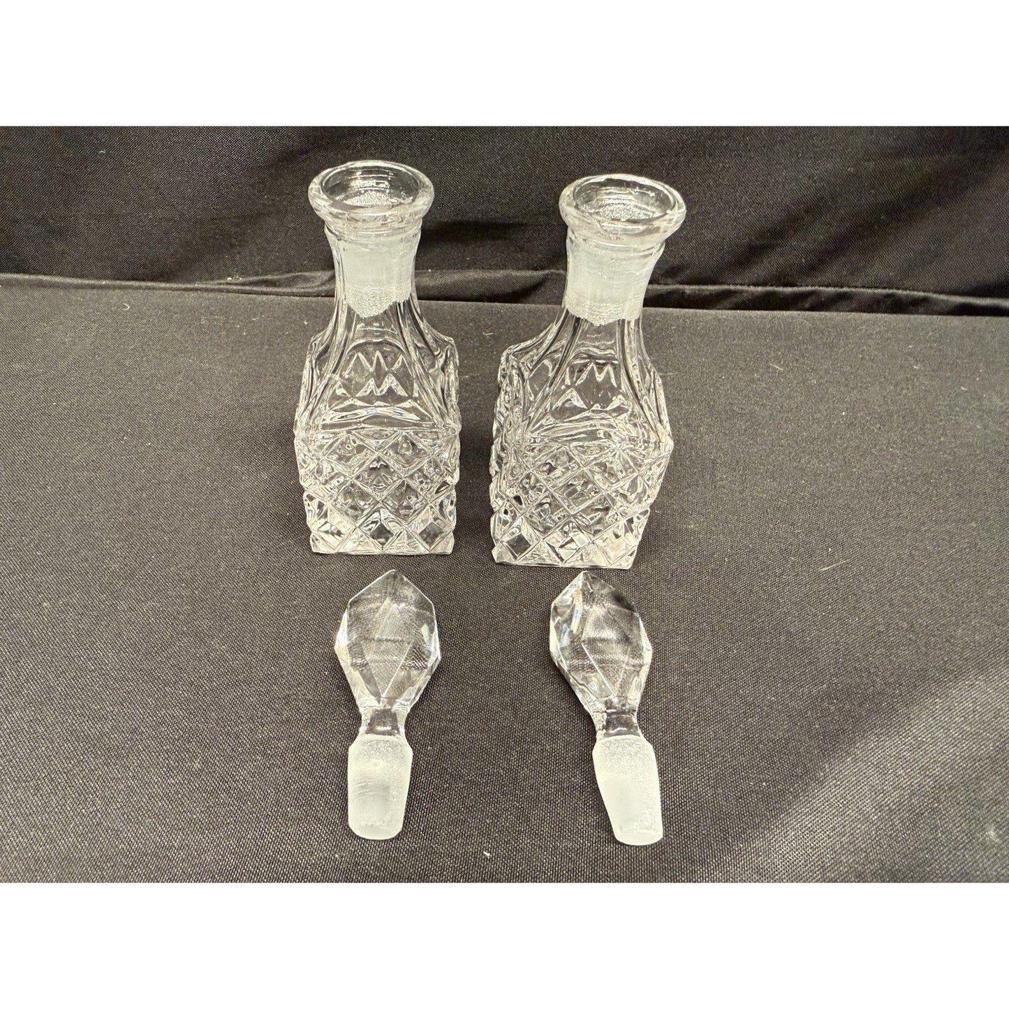 Rare Mini Crystal Clear Glass Cruets & Jam Jar W/ Spoon Set Of 3 Square Vintage
