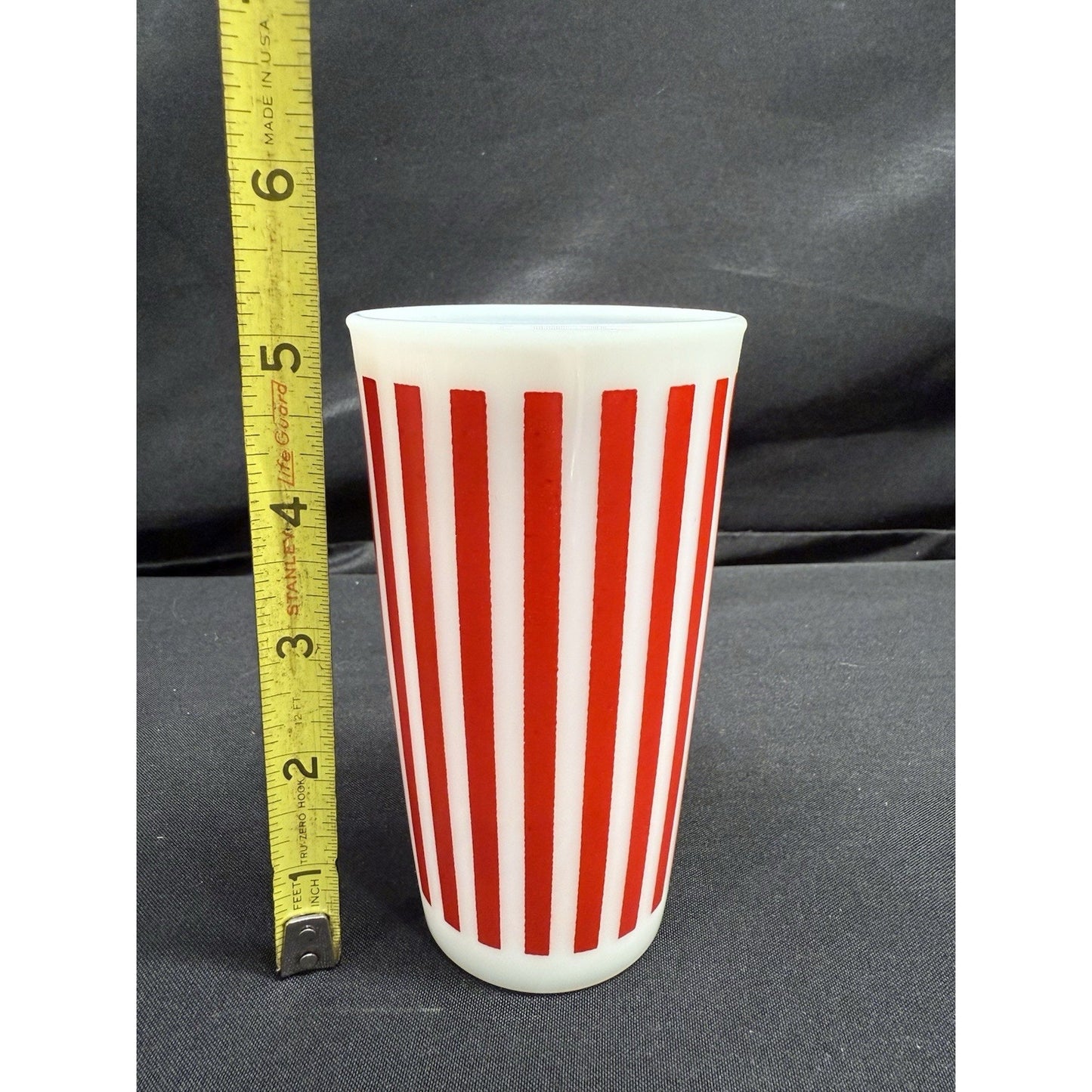 Vintage Hazel Atlas Platonite Milk Glass Tumblers Red White Candy Stripe Set 5