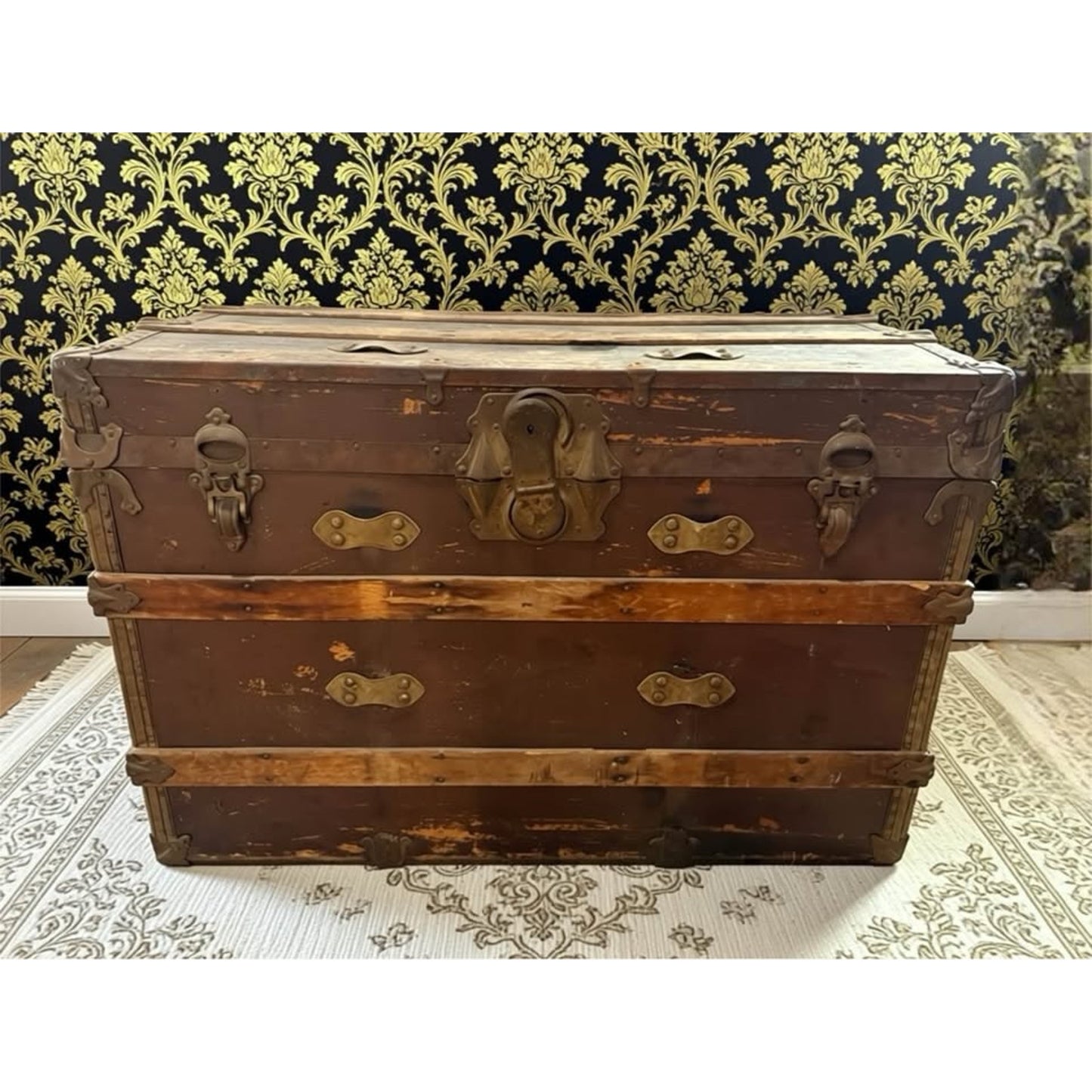 Large Antique wooden flat top steamer trunk