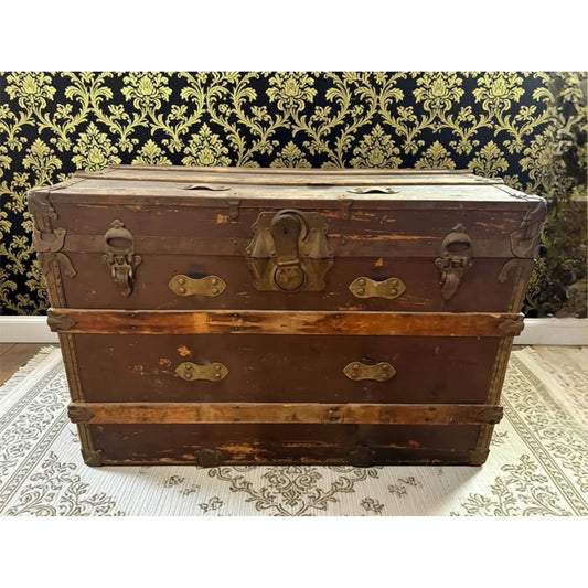 Large Antique wooden flat top steamer trunk