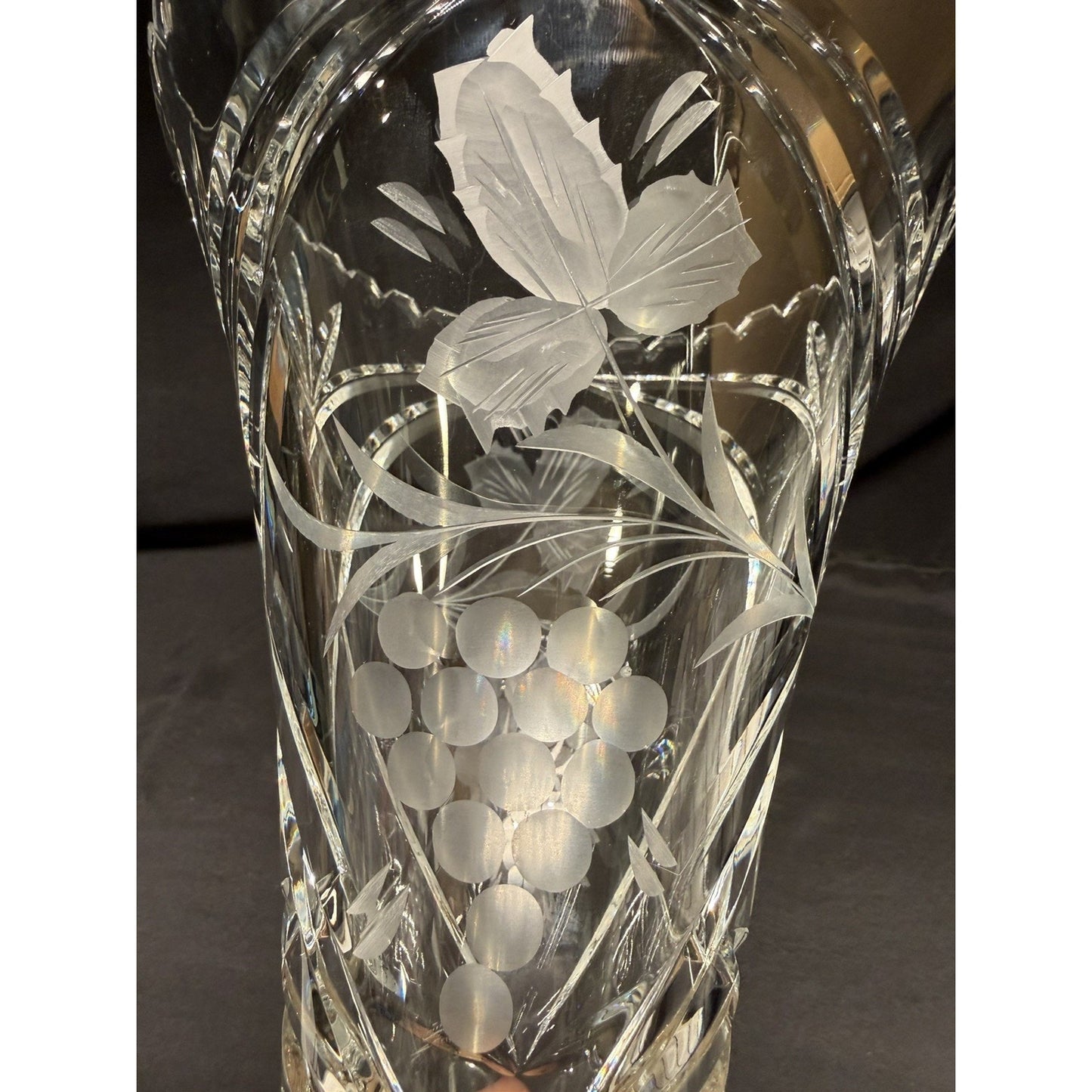 Vintage Crystal clear cut glass Vase Germany Lausitzer Glas etched grapes 10.5”