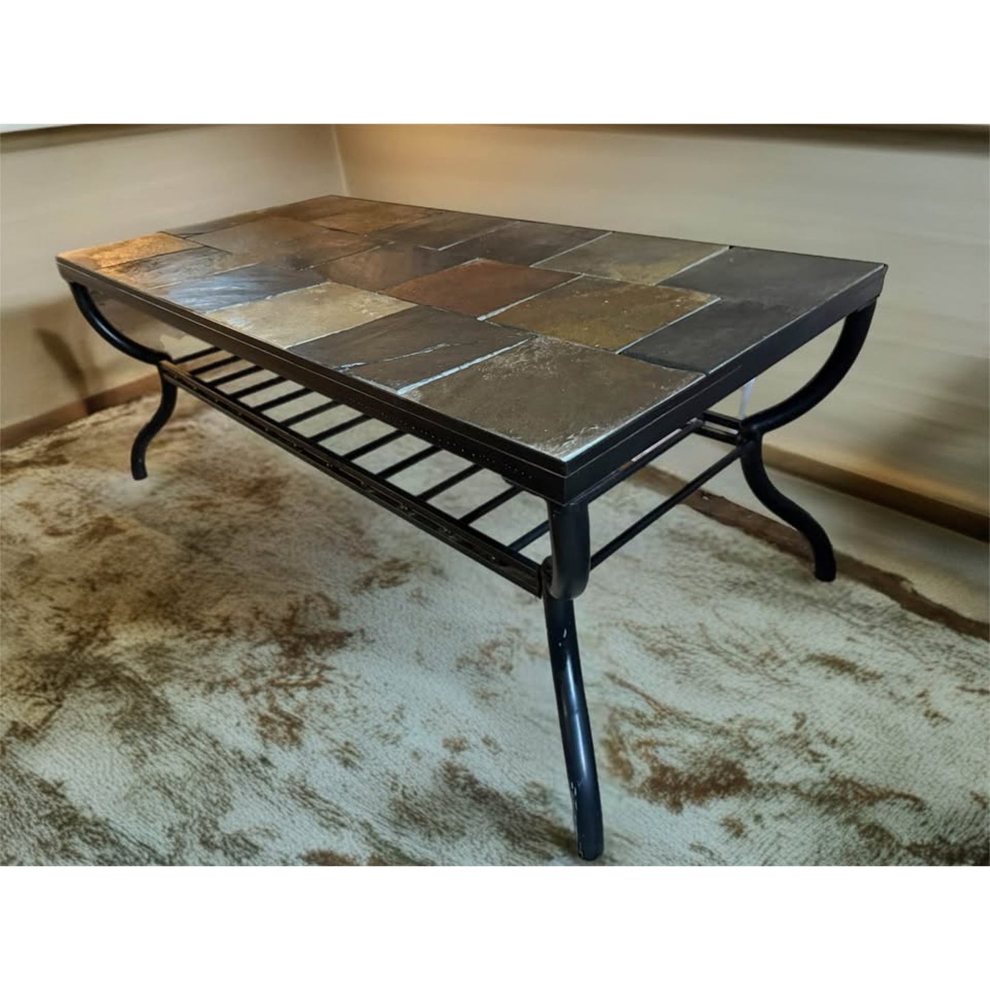 Slate tile top coffee table with black metal frame, nice neutral colors