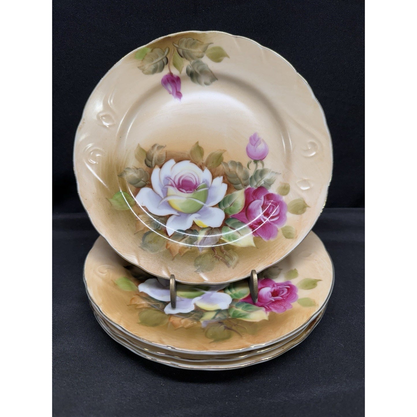 Set of 4 Vintage Lefton Heritage Brown Floral Hand-Painted Salad Plates 7.25”