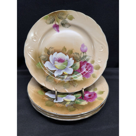 Set of 4 Vintage Lefton Heritage Brown Floral Hand-Painted Salad Plates 7.25”