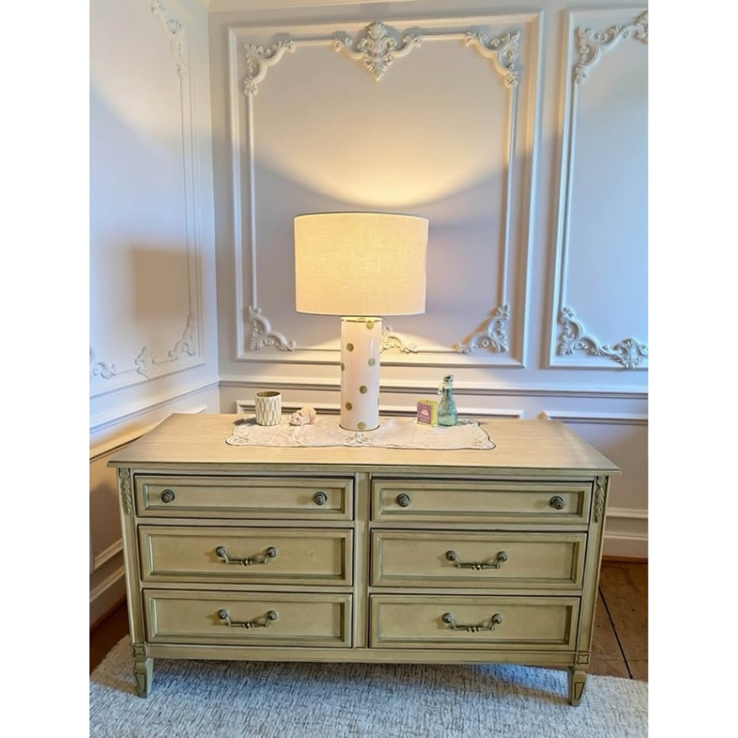 Cream color French provincial bedroom set bed frame, desk, bookcase, mirror, night stand, dresser