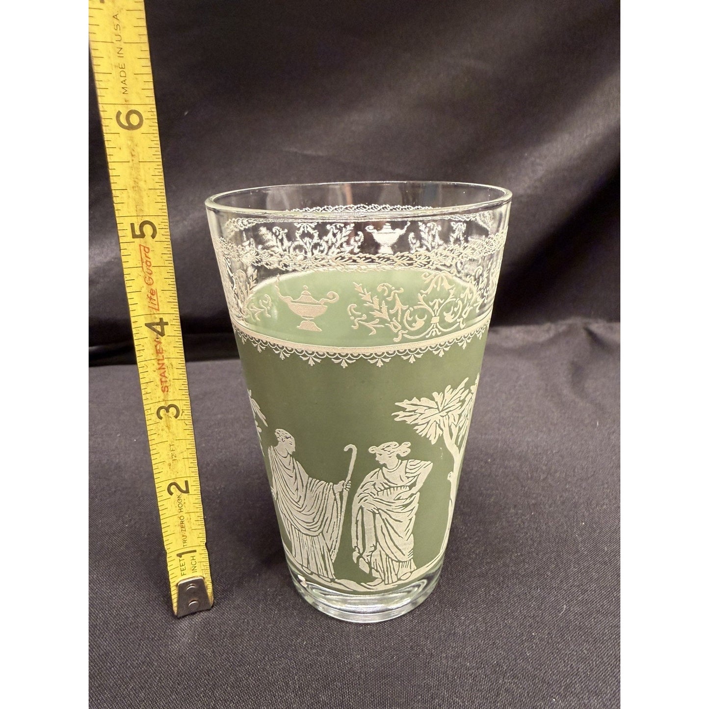 Set of 6 Wedgewood Jeanette Helllenic Sage green white Vintage glass tumblers 5”