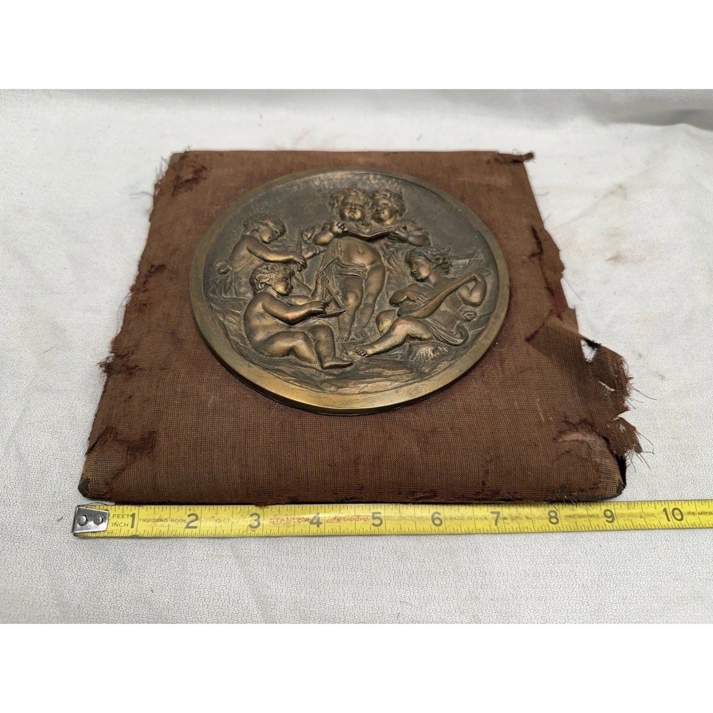 Rare Antique Bronze 5 Cherubs Playing Instruments relief Plaque Wall Hanging 9”