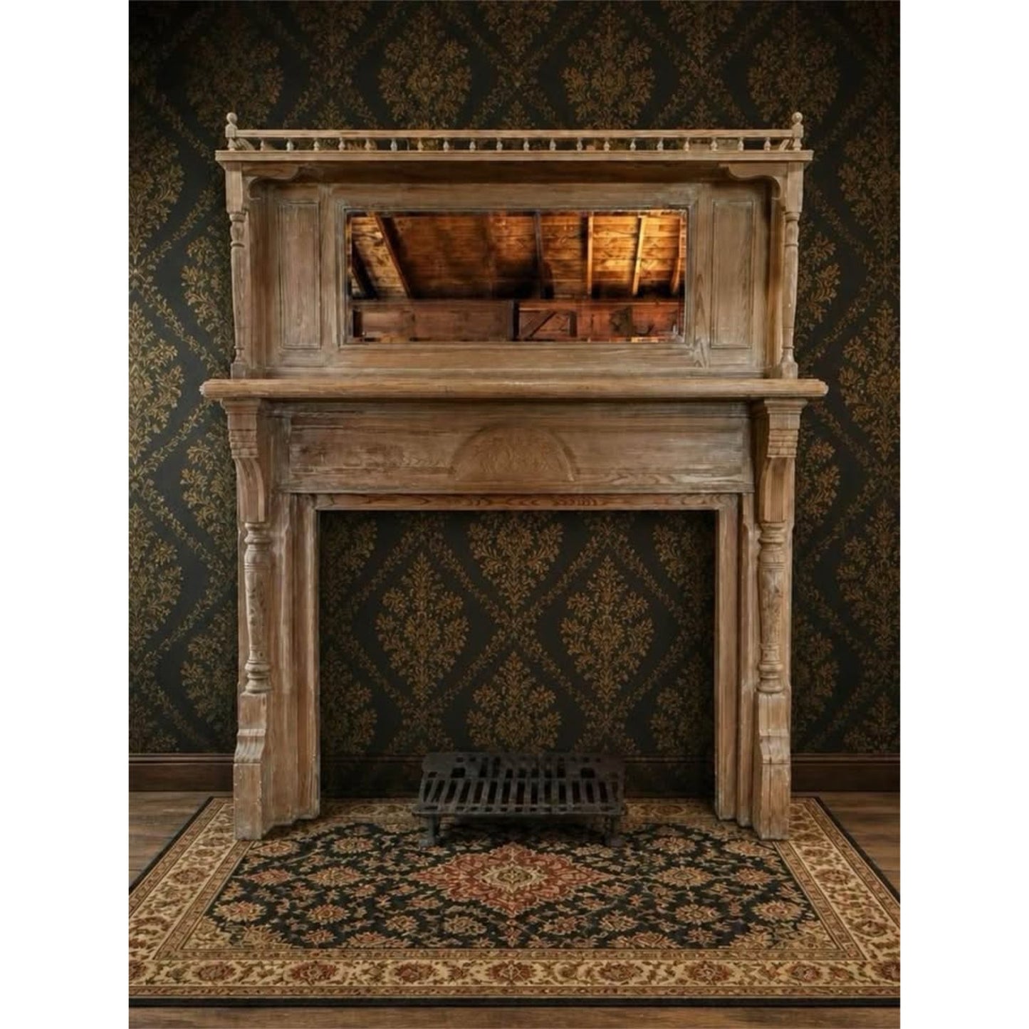 Antique architectural salvage wooden fireplace mantel with mirror & top shelf