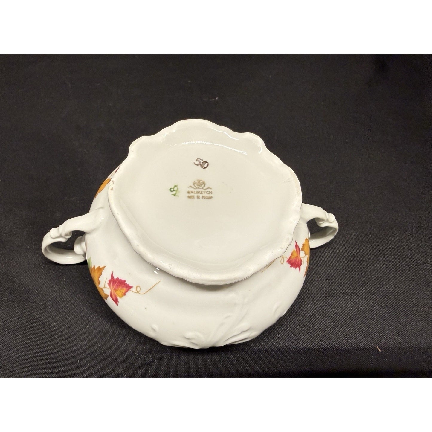 Vintage Walbrzych Sugar & Creamer Dish Set Autumn Leaves Gold Gilding Porcelain