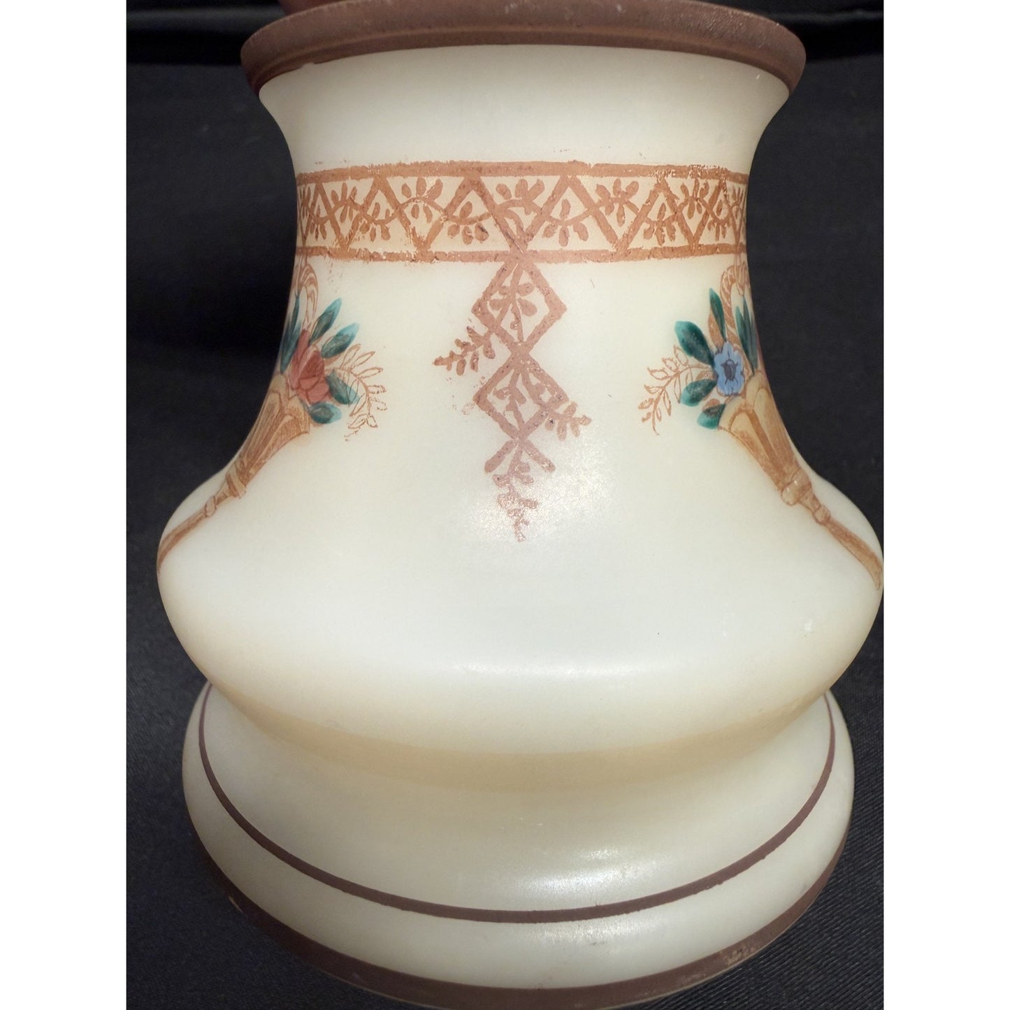 Rare (2) antique glass lamp shades hand painted bell shape brown cream floral 4"