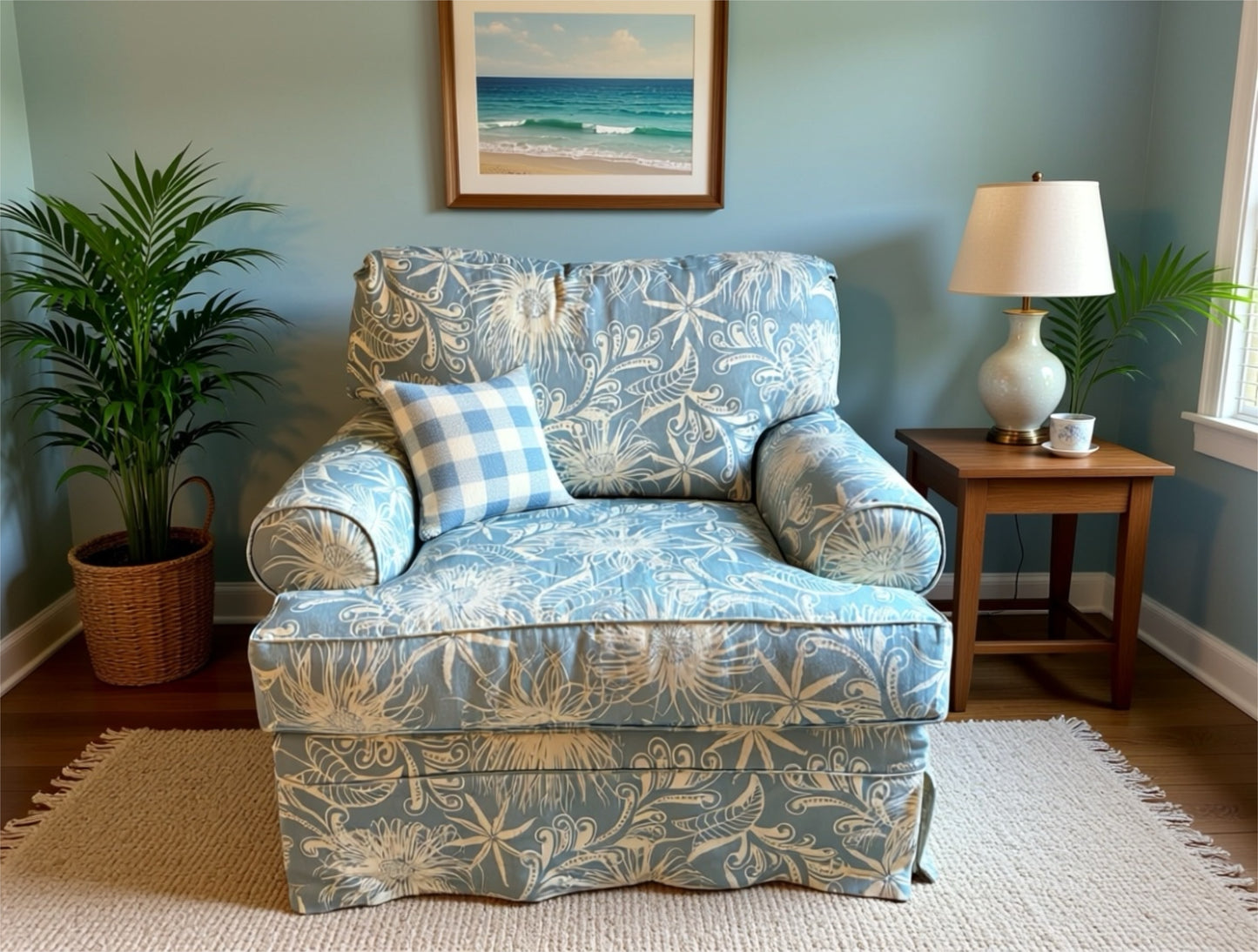 Oversized light blue and white beachy/floral arm chair