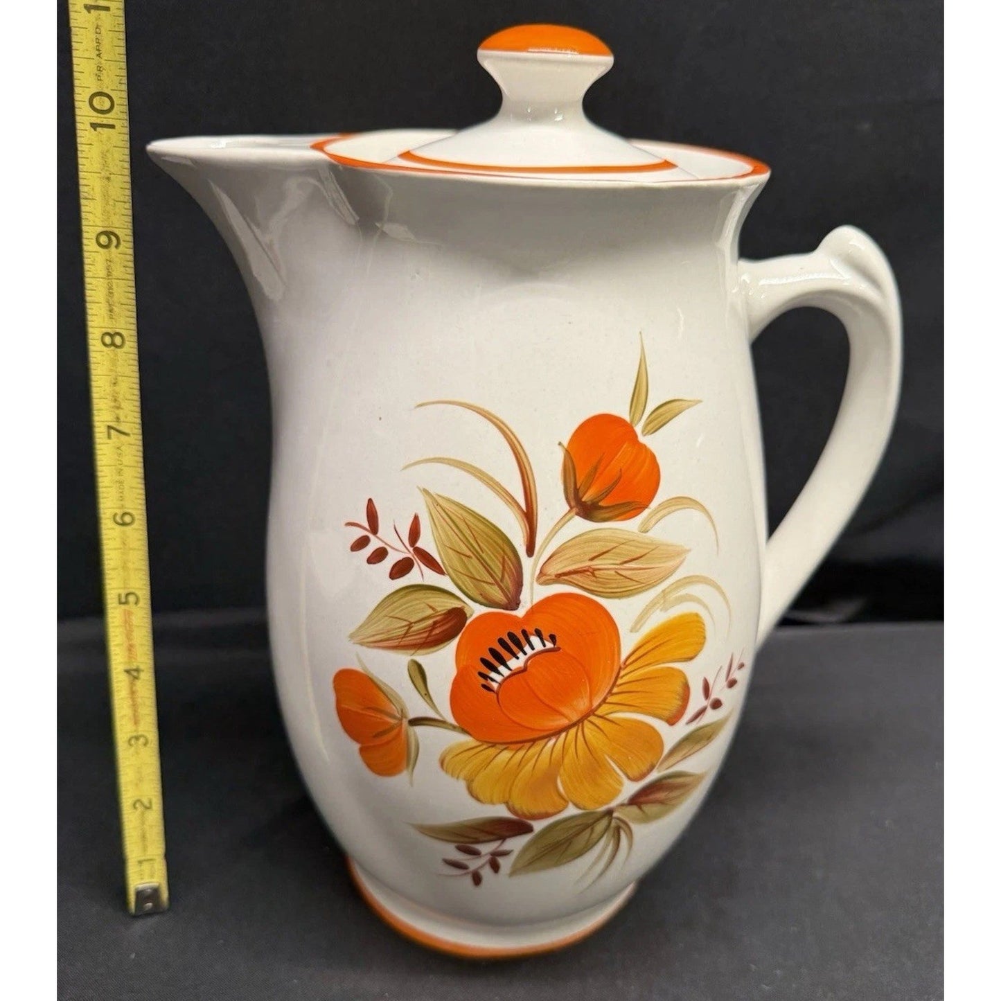 Rare MCM White ceramic Lidded Pitcher Orange Flower 9.75” Tall Coffee Water Tea