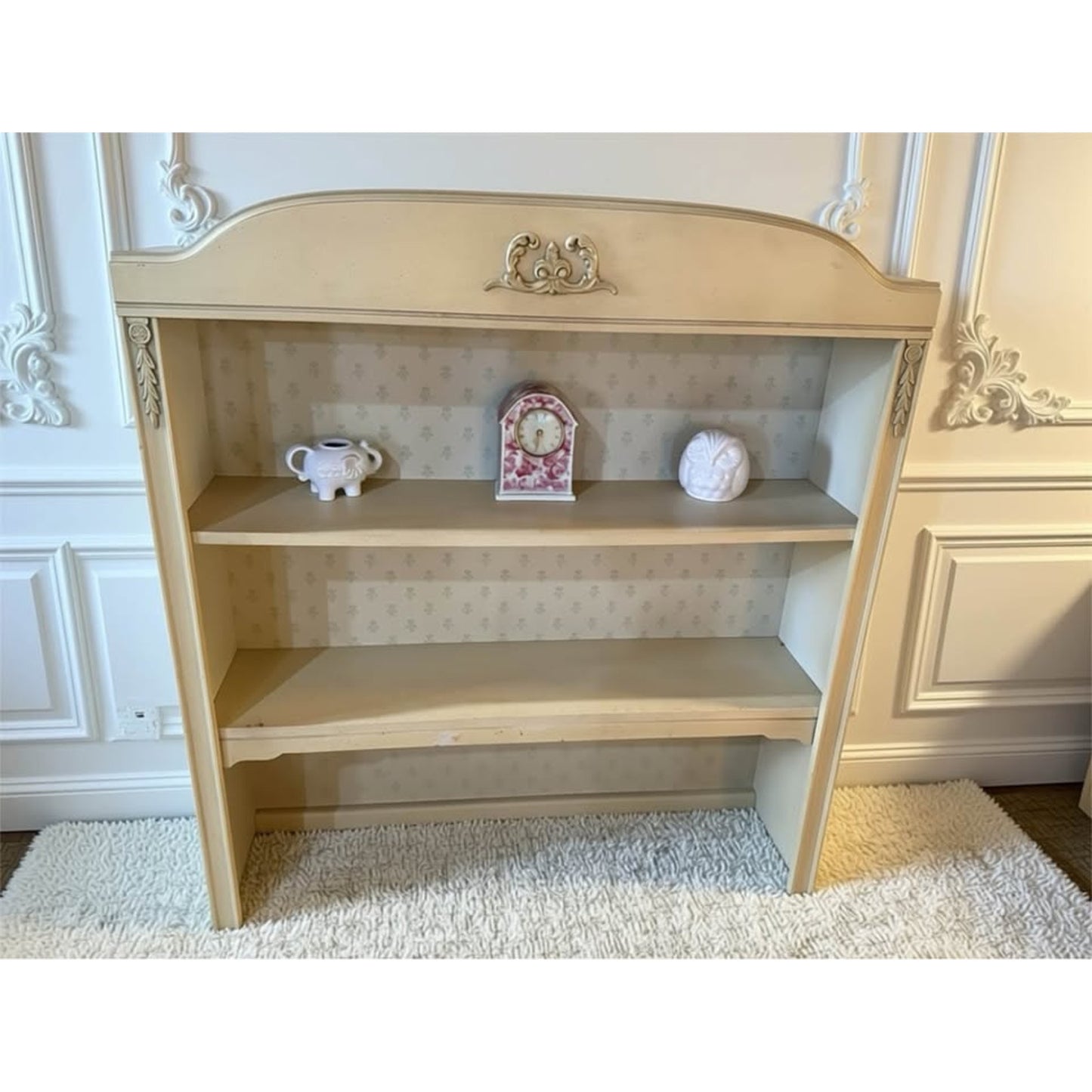 Cream color French provincial bedroom set bed frame, desk, bookcase, mirror, night stand, dresser