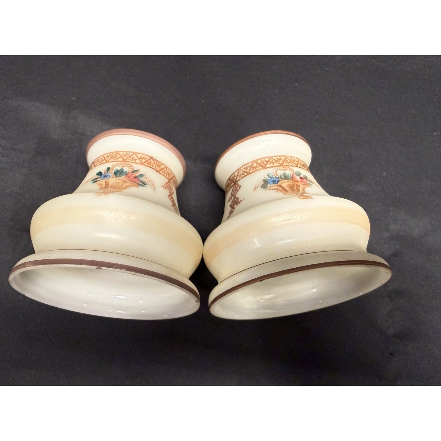 Rare (2) antique glass lamp shades hand painted bell shape brown cream floral 4"