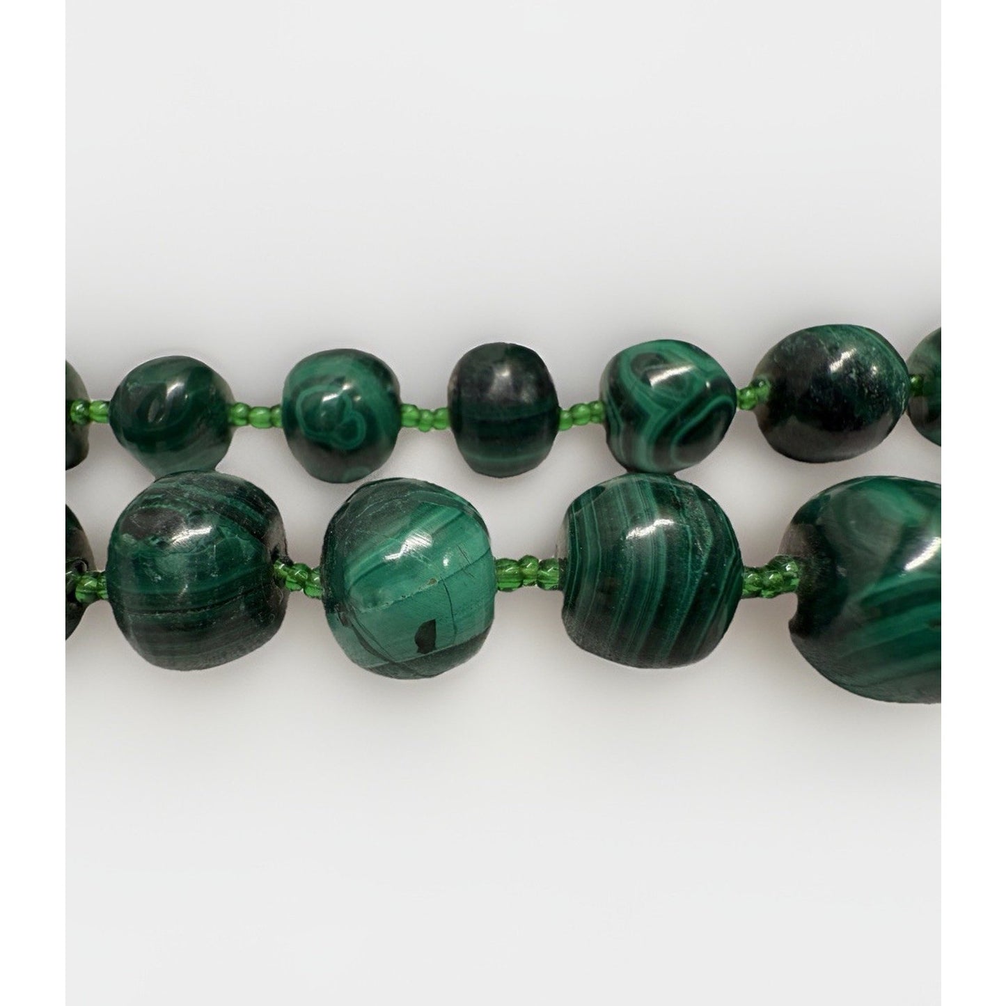Vintage Chinese Malachite natural carved green gemstone beaded necklace 12”
