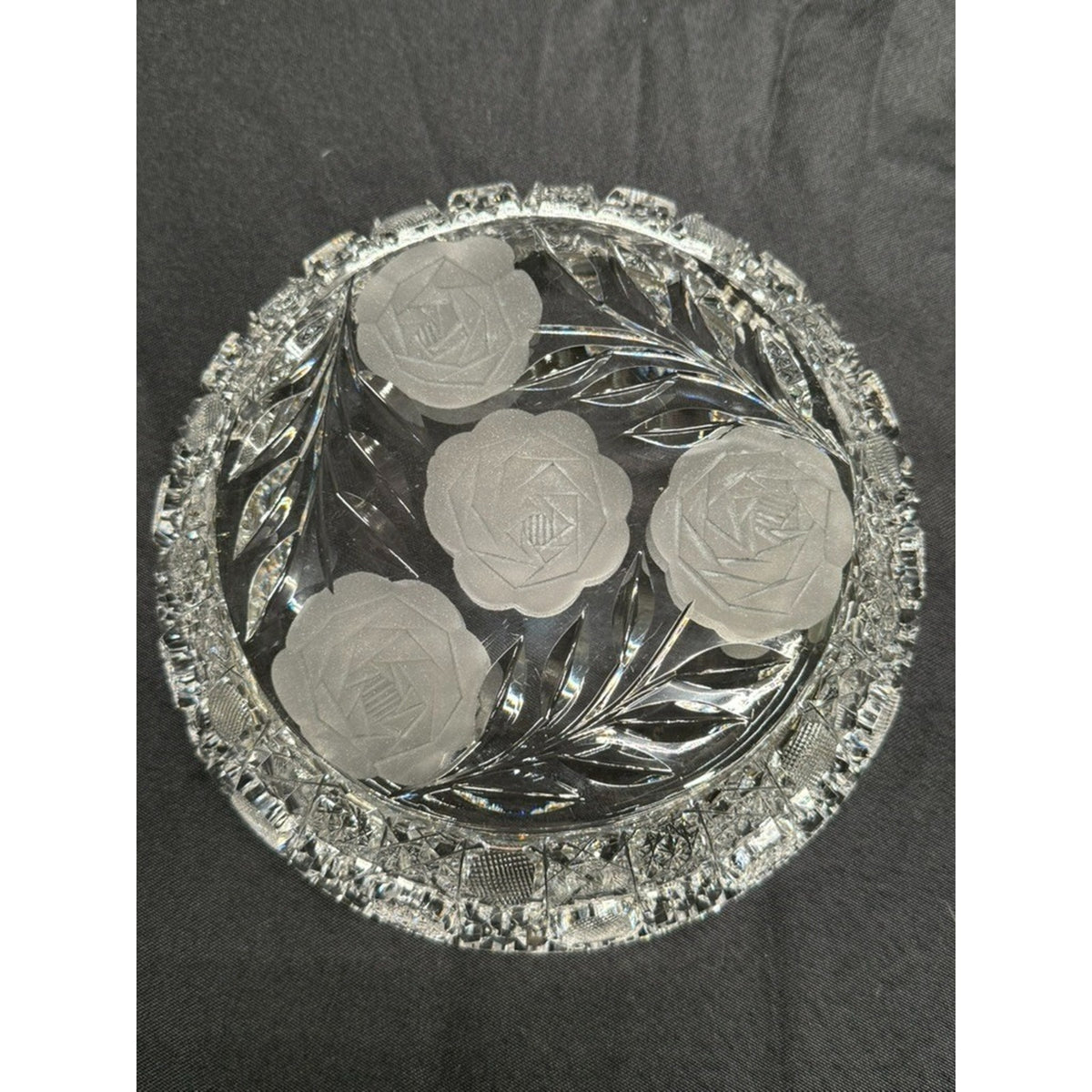American Brilliant Crystal Cut Glass Round Centerpiece Bowl Etched Flowers 8"