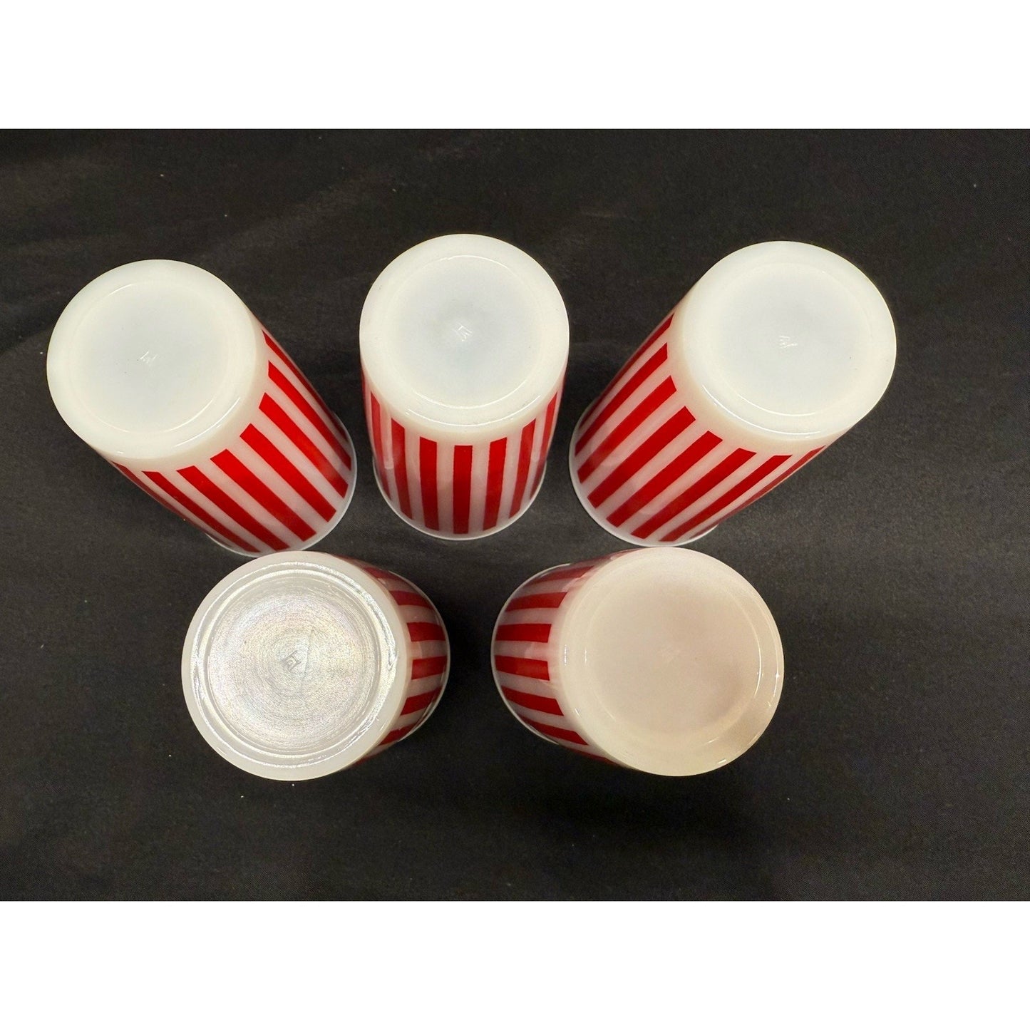 Vintage Hazel Atlas Platonite Milk Glass Tumblers Red White Candy Stripe Set 5