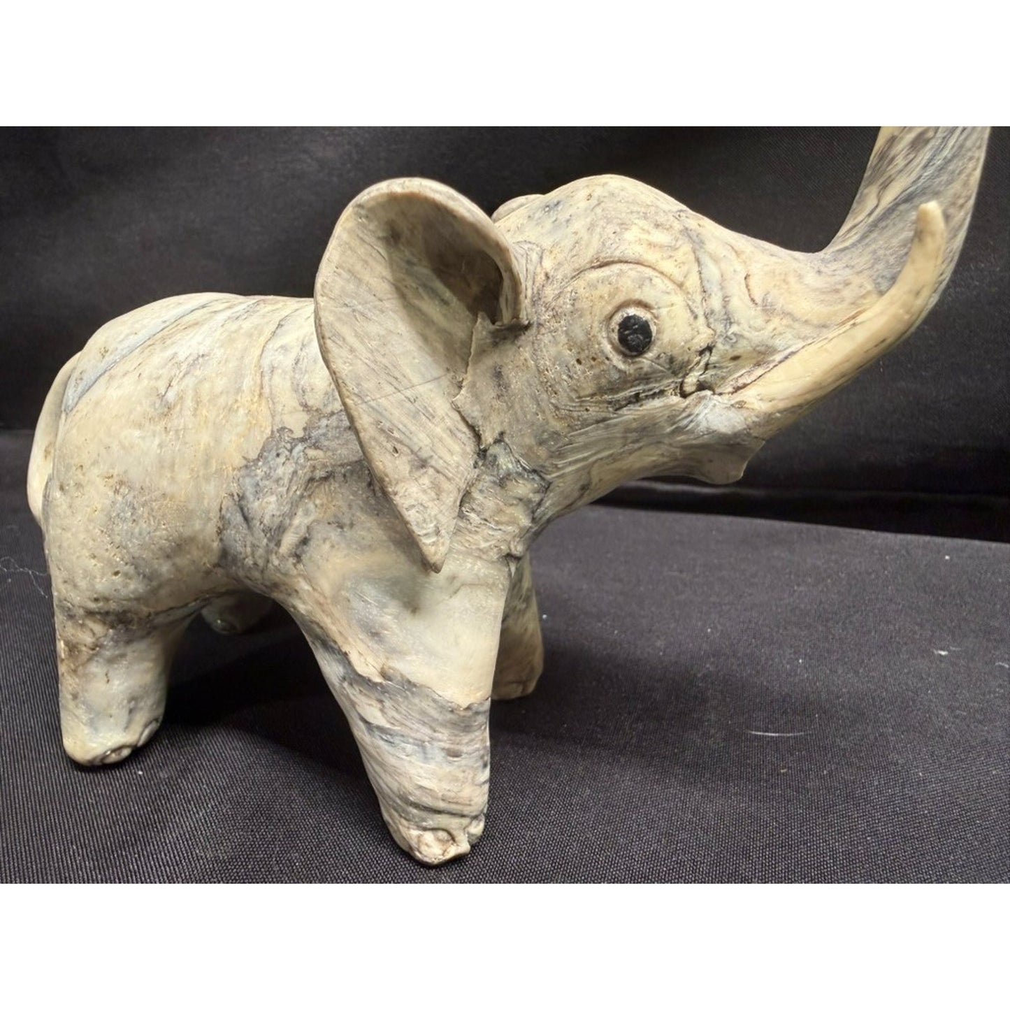 Pair Carved Elephants made from Crushed Oyster Shells trunk up Vintage 5.5" tall
