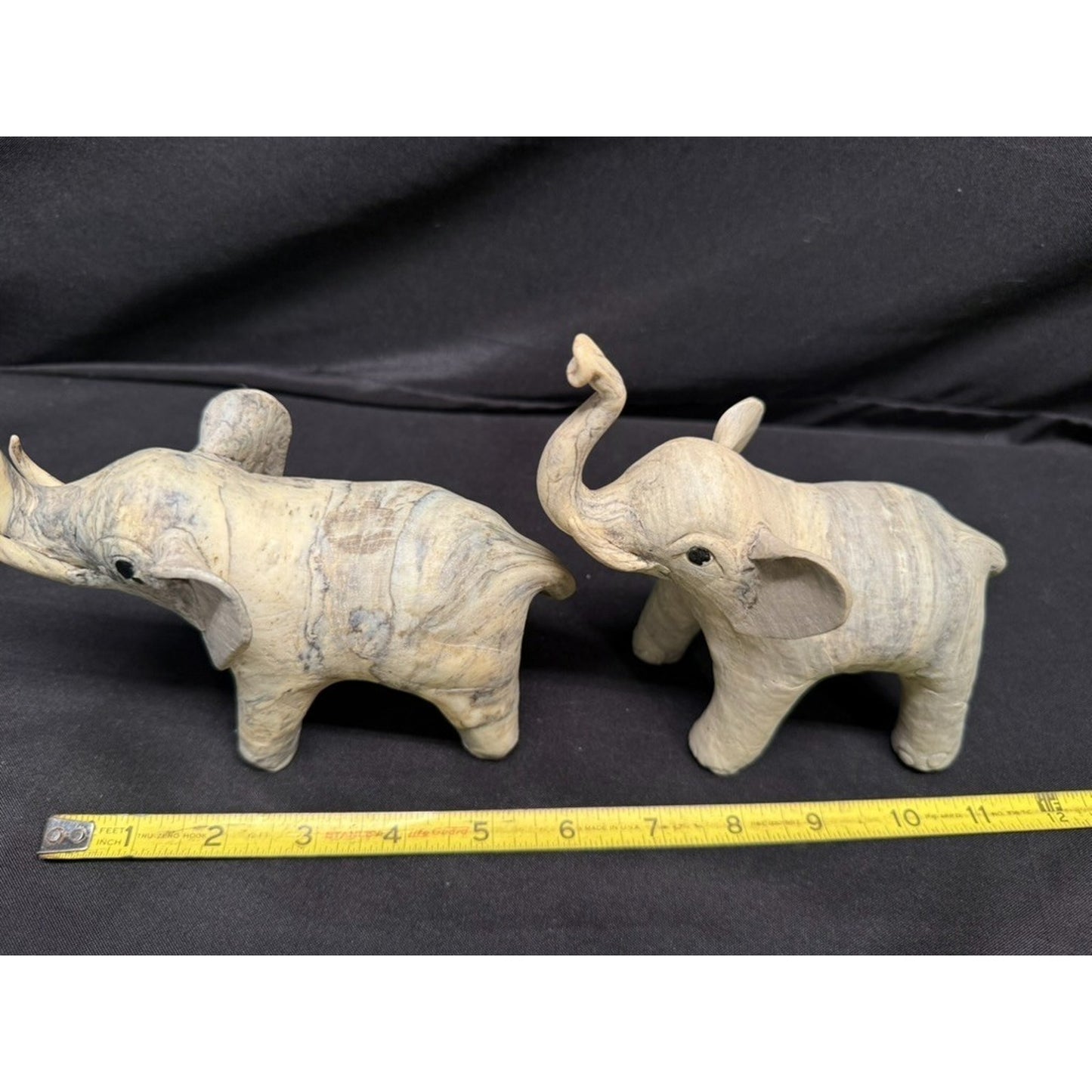Pair Carved Elephants made from Crushed Oyster Shells trunk up Vintage 5.5" tall