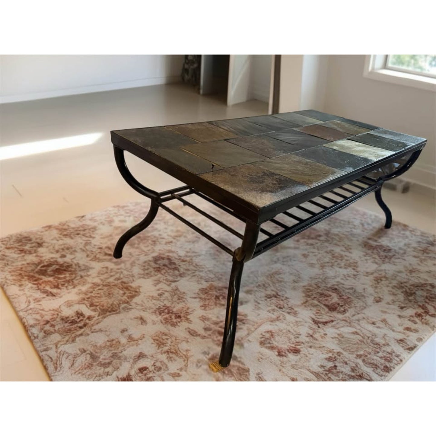 Slate tile top coffee table with black metal frame, nice neutral colors