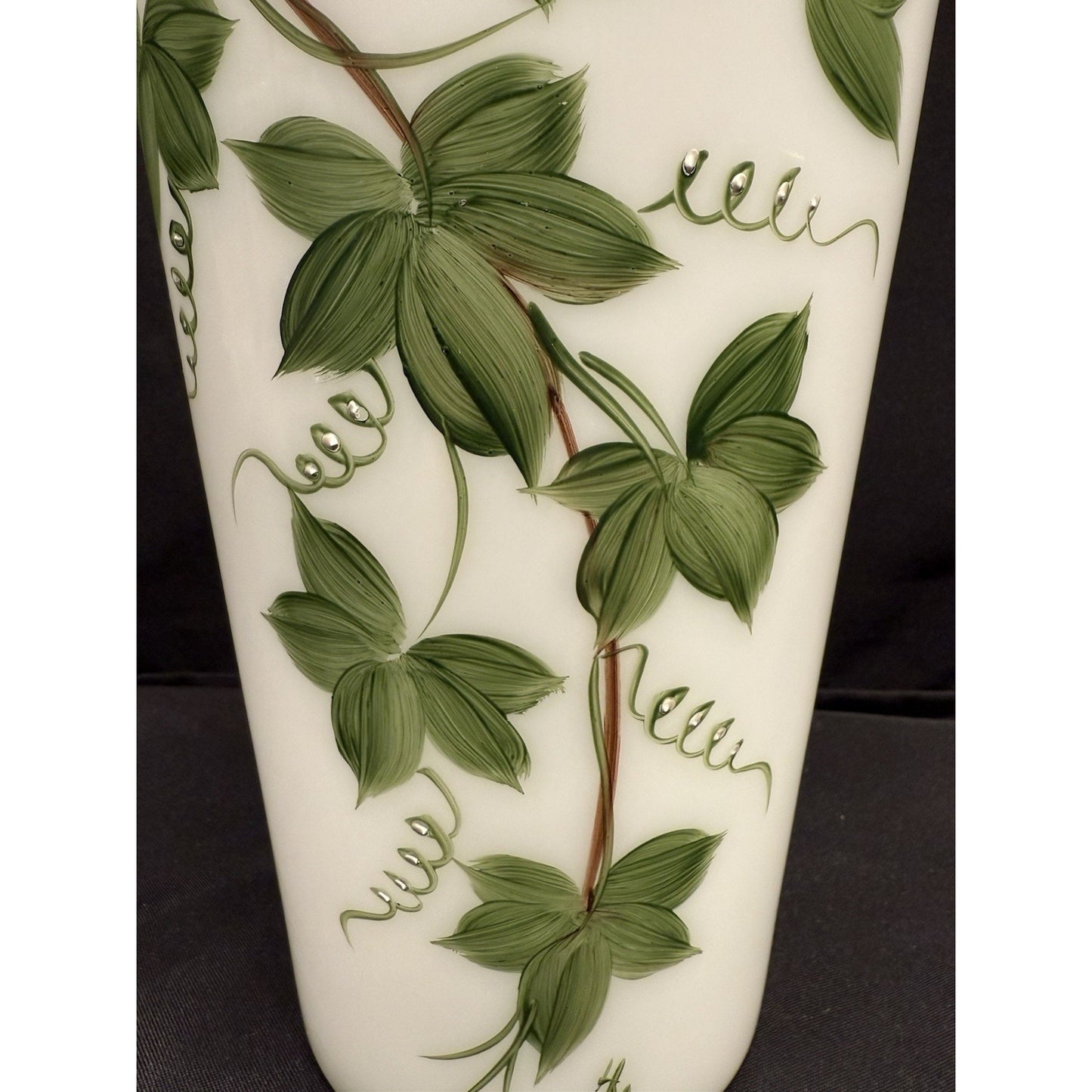 White vintage Opaline Glass Handpainted Vase with green ivy grape leaves 10.25”