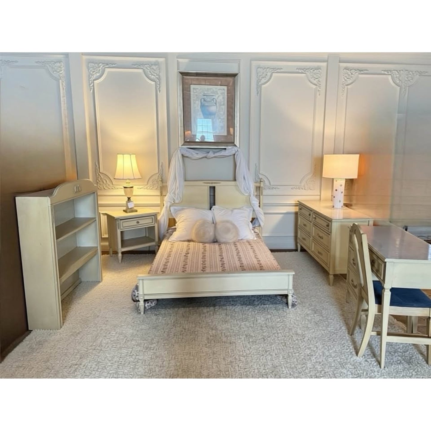 Cream color French provincial bedroom set bed frame, desk, bookcase, mirror, night stand, dresser