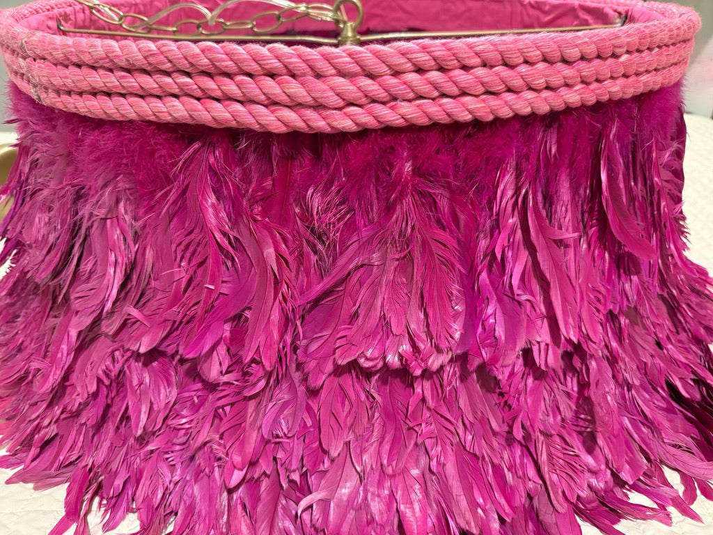 Jamie Dietrich Pink Fuscia Feather Pendant Drum 5 Light Chandelier 24” X 12” pre-owned