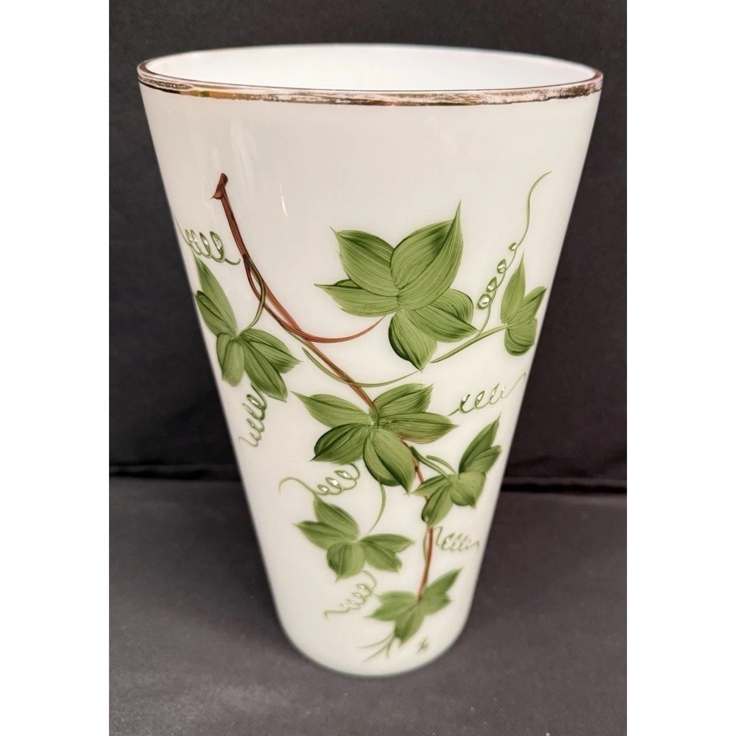 White vintage Opaline Glass Handpainted Vase with green ivy grape leaves 10.25”
