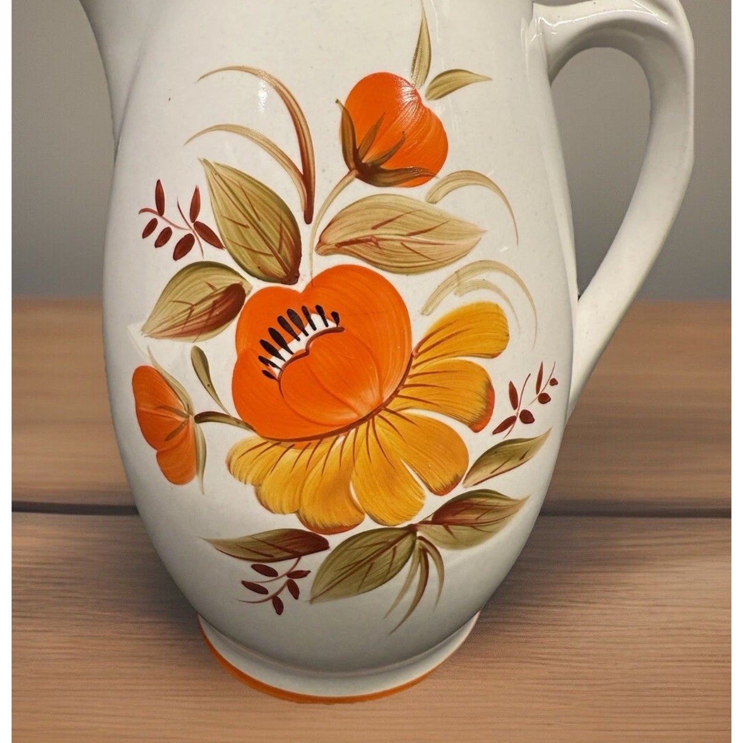 Rare MCM White ceramic Lidded Pitcher Orange Flower 9.75” Tall Coffee Water Tea