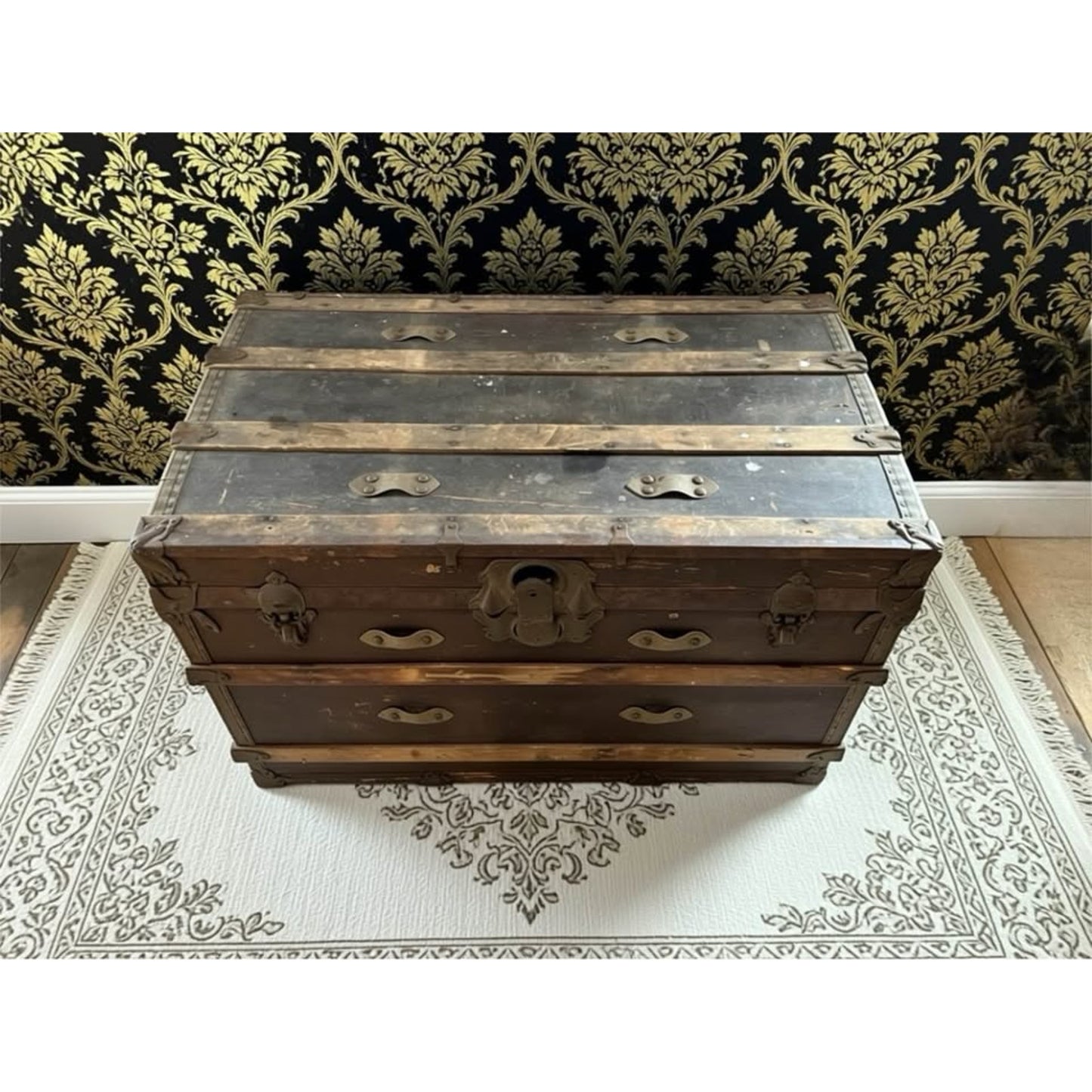 Large Antique wooden flat top steamer trunk