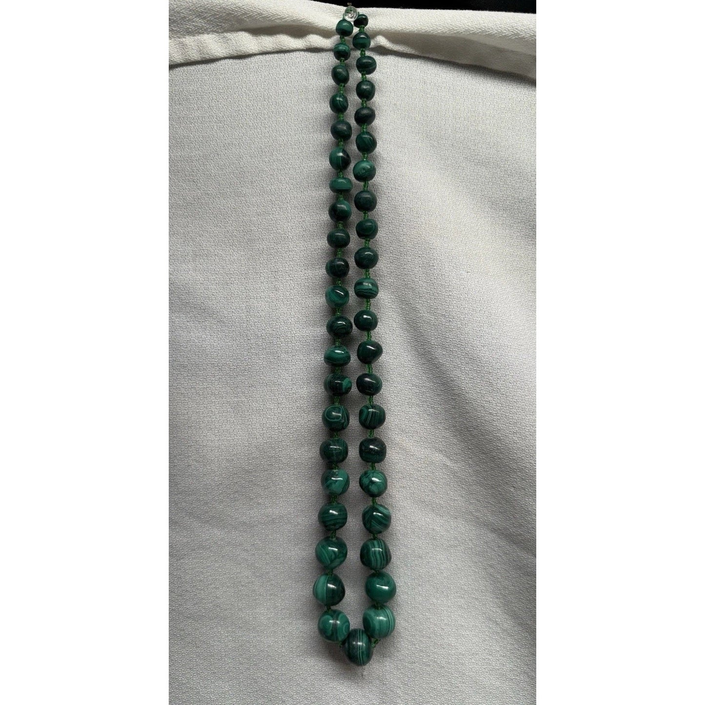 Vintage Chinese Malachite natural carved green gemstone beaded necklace 12”