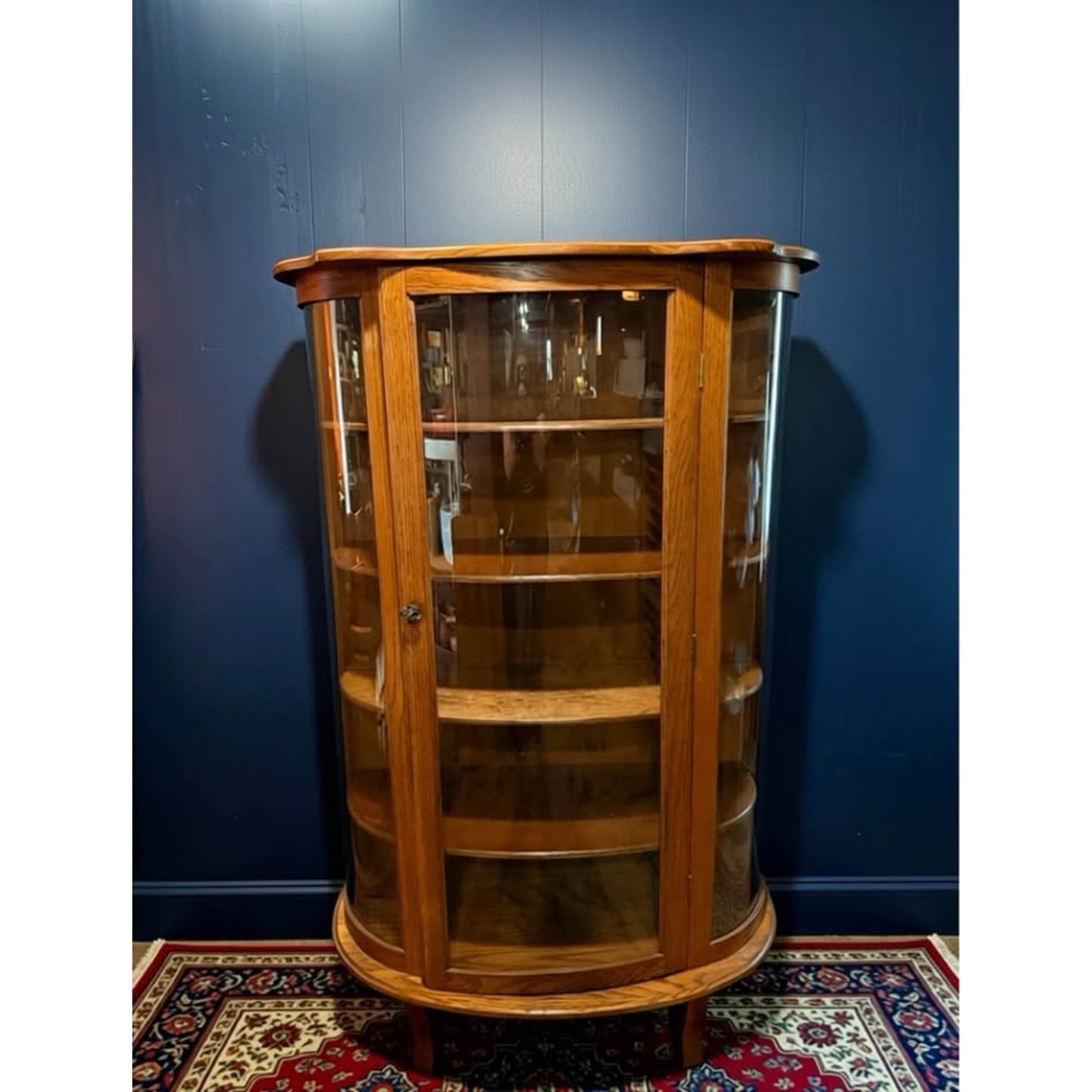 Vintage half moon glass and oak curio cabinet/display cabinet