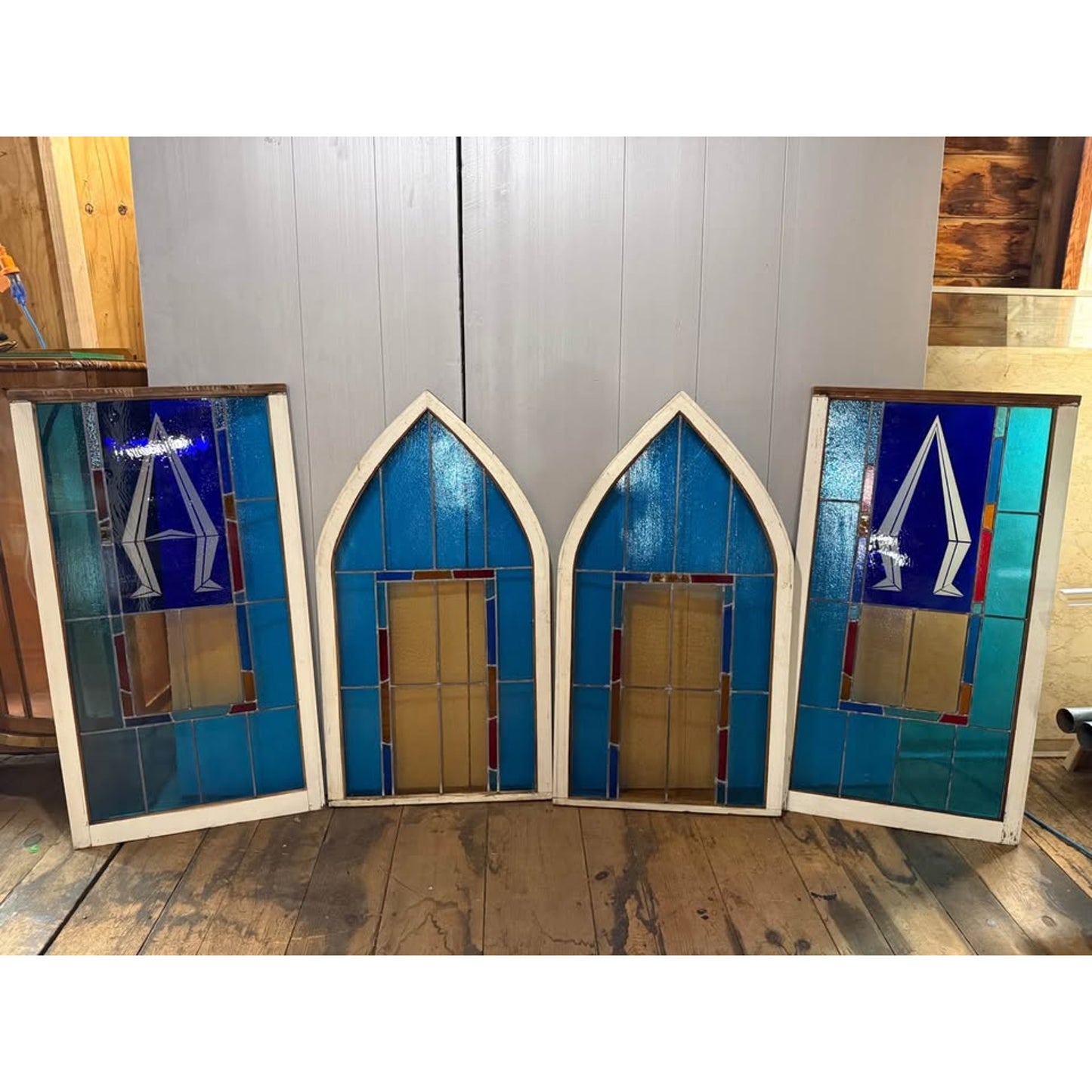 Set of 4 rare 1880’s gothic style & rectangular blue stained glass architectural salvage windows