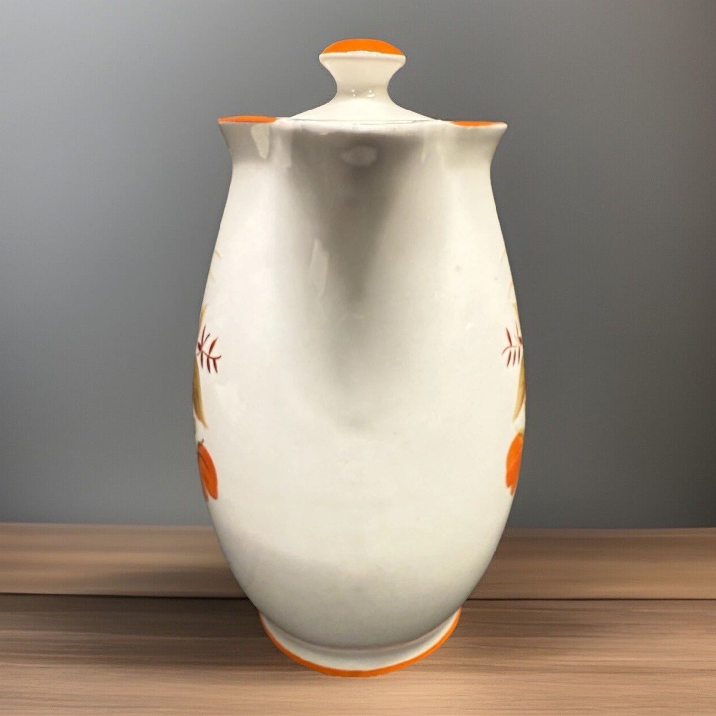 Rare MCM White ceramic Lidded Pitcher Orange Flower 9.75” Tall Coffee Water Tea