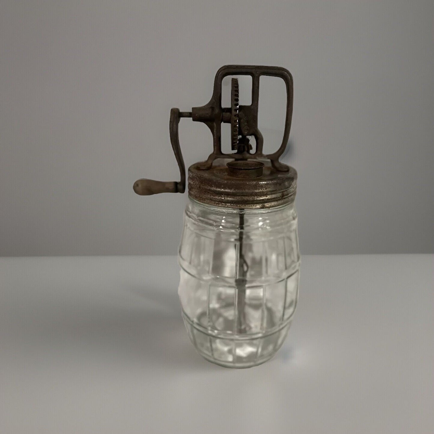 10” Medium Vintage Barrel Style Glass Butter Churn Wooden Hand Crank Primitive