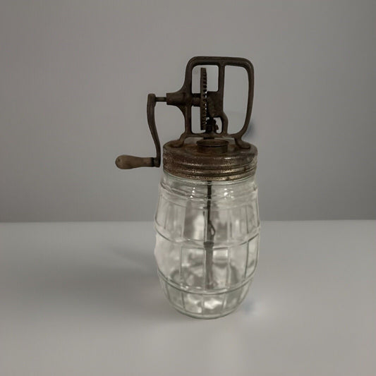 10” Medium Vintage Barrel Style Glass Butter Churn Wooden Hand Crank Primitive