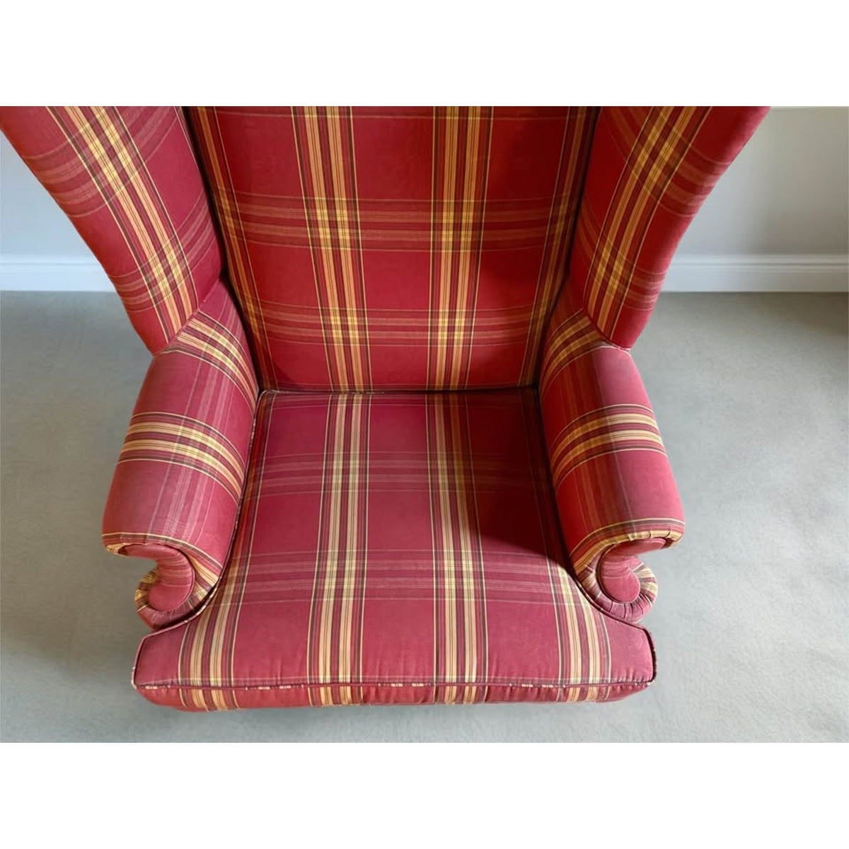 Red, cream & brown plaid wing back chair, great for country cottage!