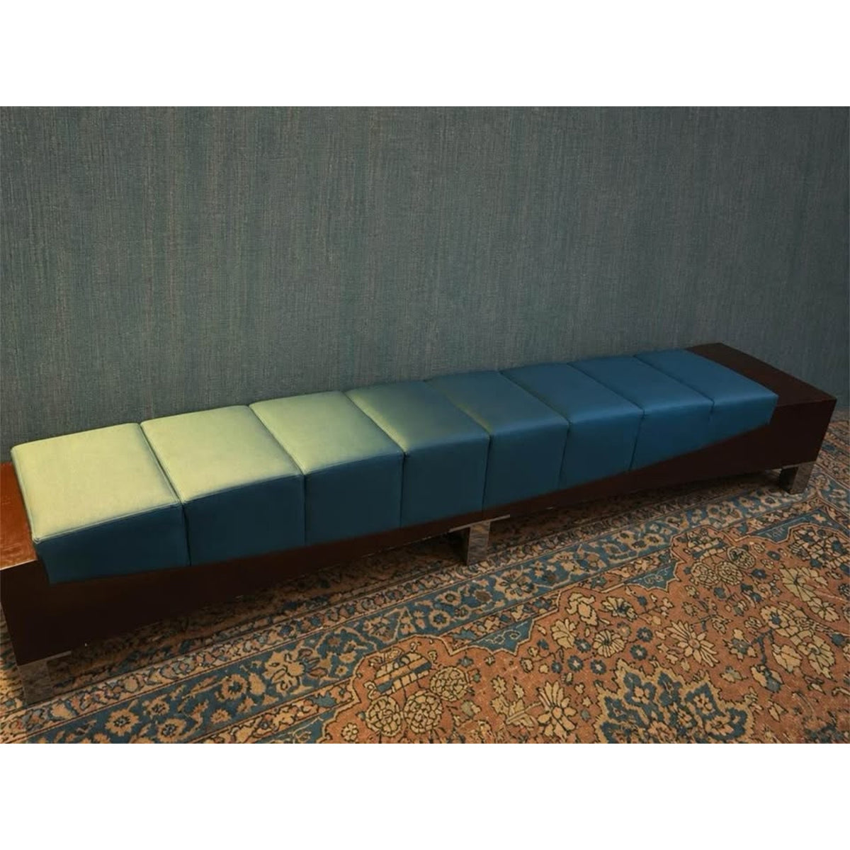 Long curved teal & dark wood hotel style bench 10 ft long