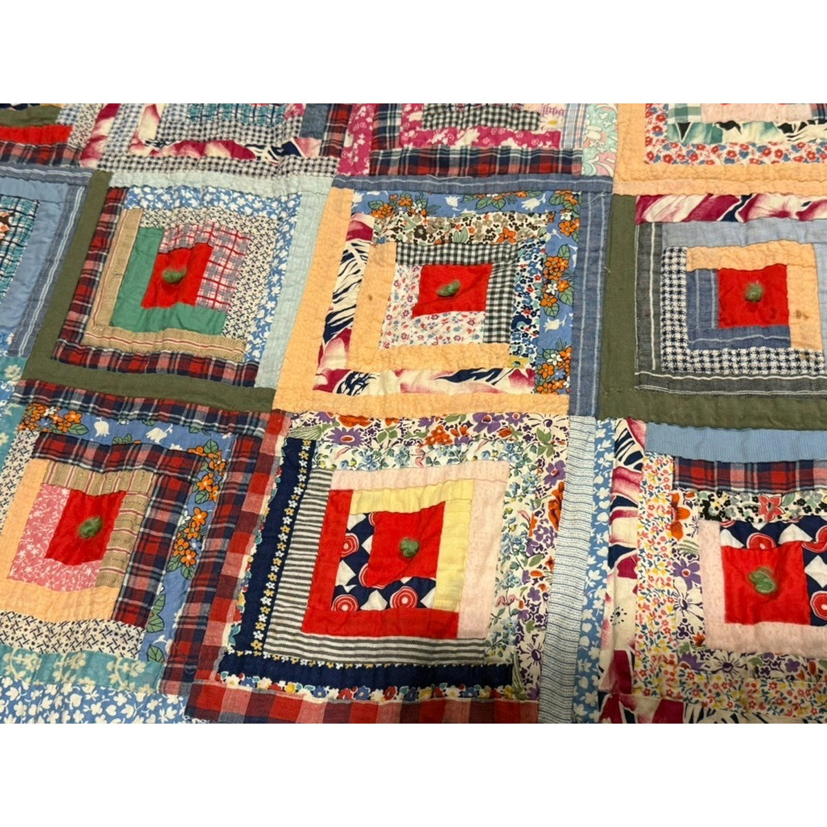 Antique Handmade Log Cabin Quilt Twin Size 60" x 80" Vintage Farmhouse cottage