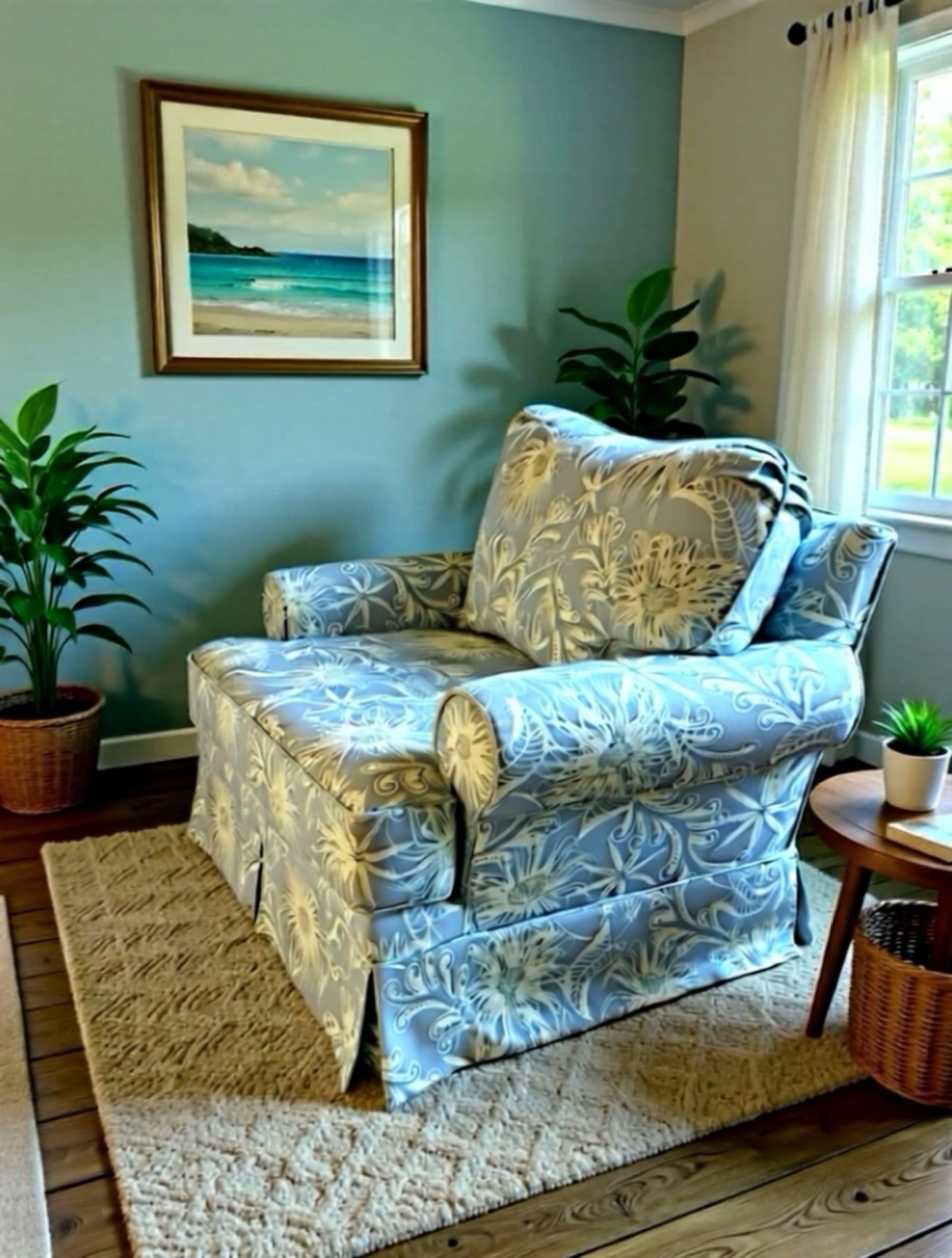 Oversized light blue and white beachy/floral arm chair