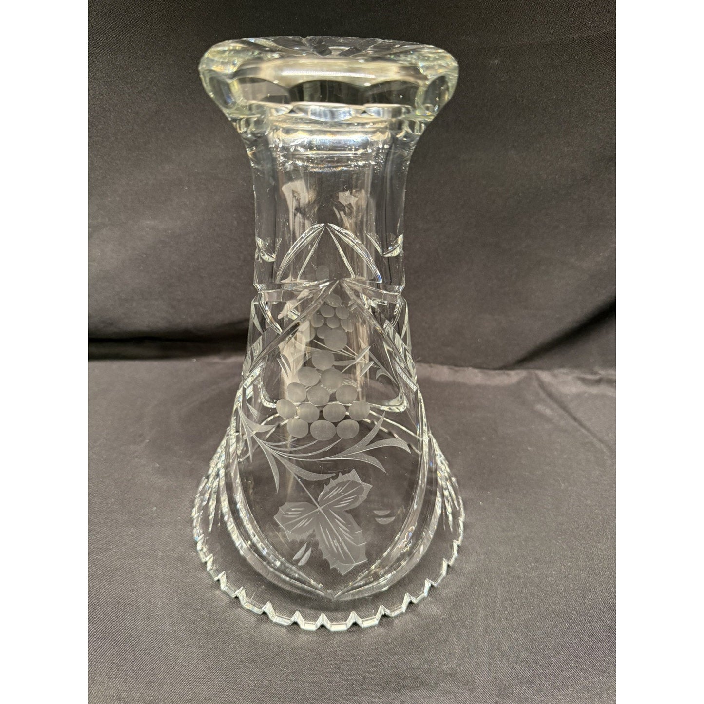 Vintage Crystal clear cut glass Vase Germany Lausitzer Glas etched grapes 10.5”