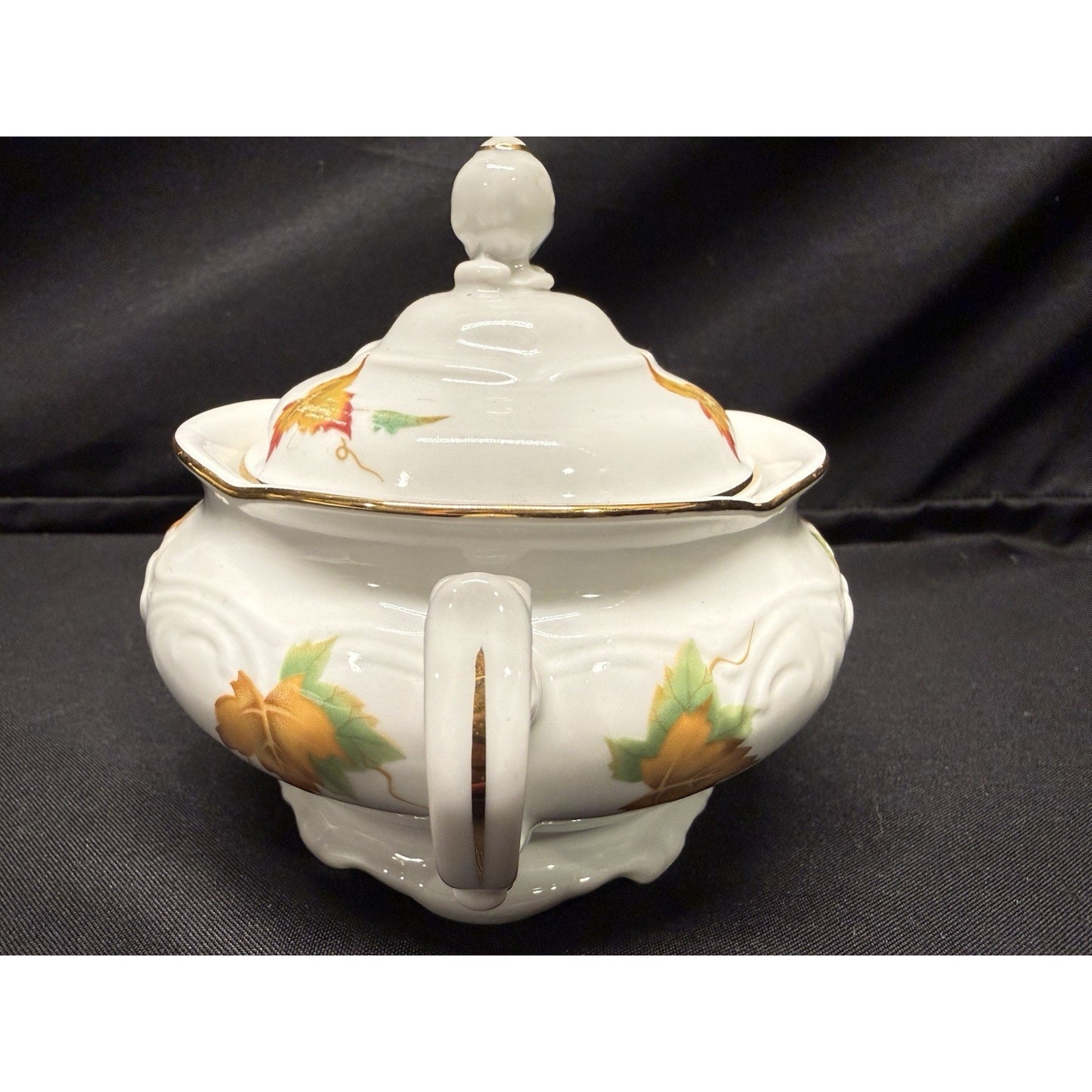 Vintage Walbrzych Sugar & Creamer Dish Set Autumn Leaves Gold Gilding Porcelain