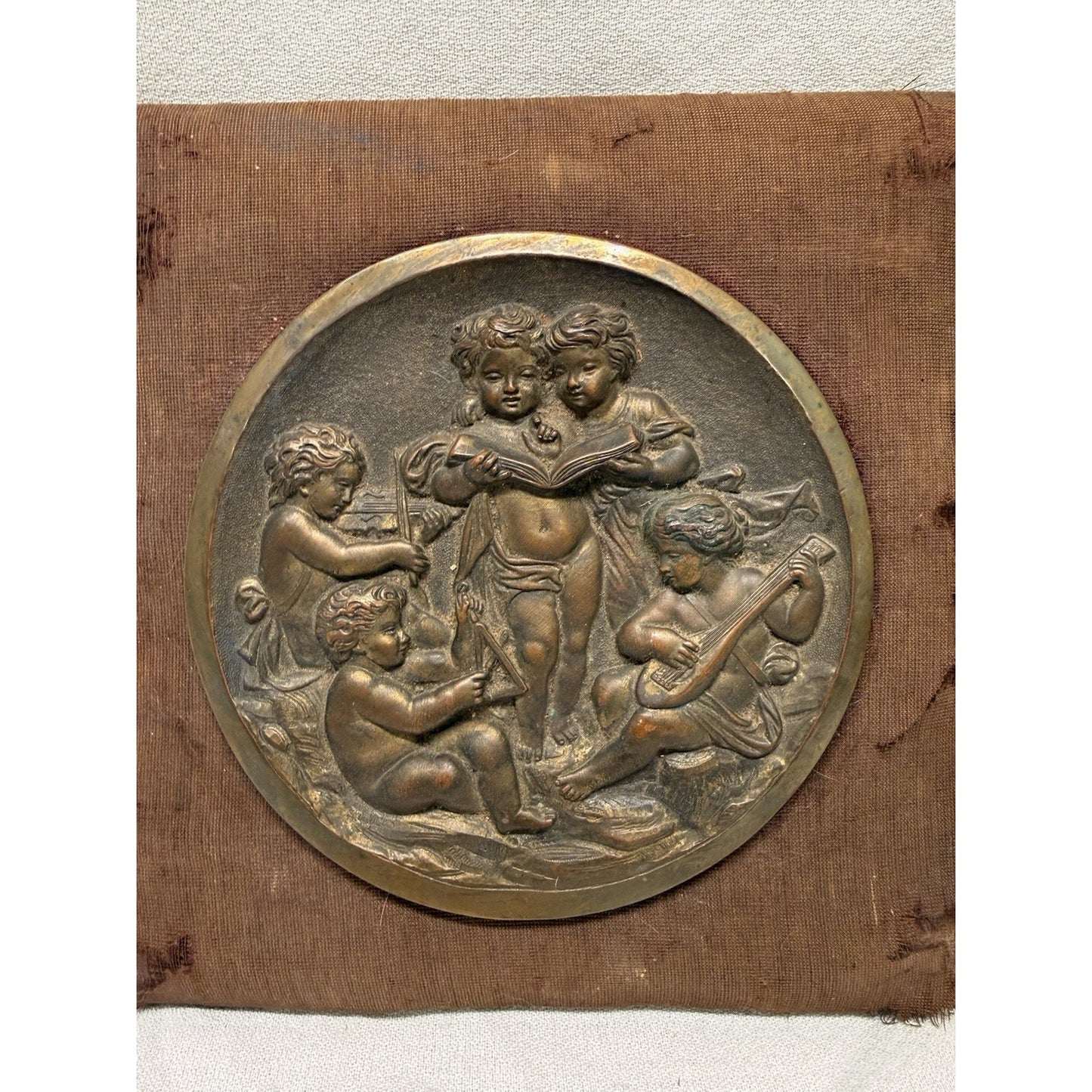 Rare Antique Bronze 5 Cherubs Playing Instruments relief Plaque Wall Hanging 9”