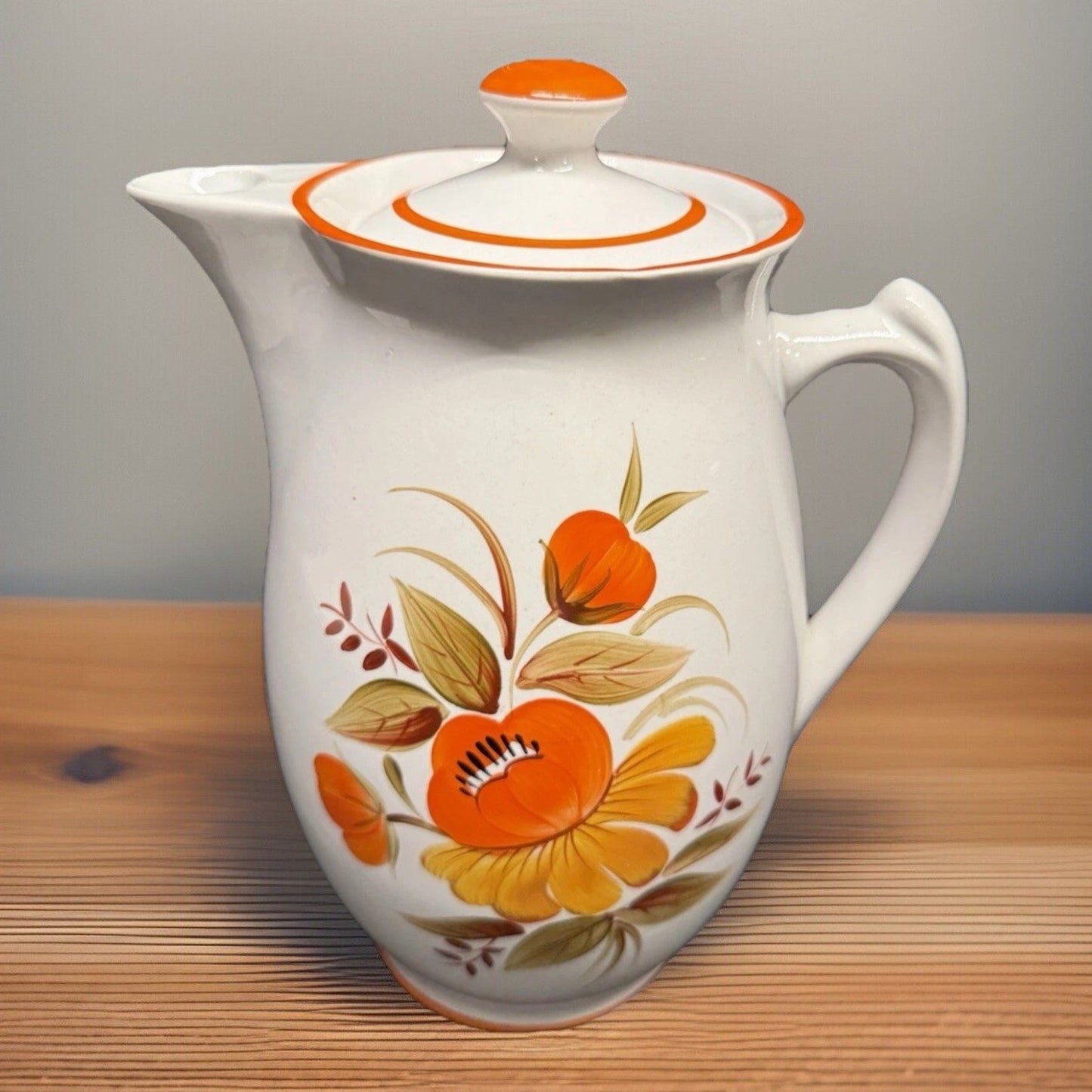 Rare MCM White ceramic Lidded Pitcher Orange Flower 9.75” Tall Coffee Water Tea