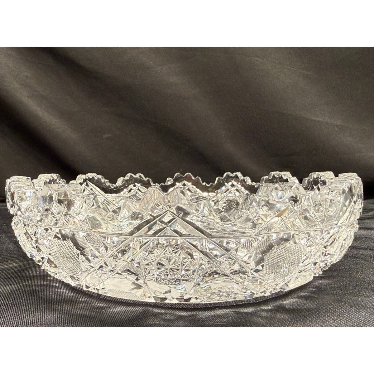 American Brilliant Crystal Cut Glass Round Centerpiece Bowl Etched Flowers 8"